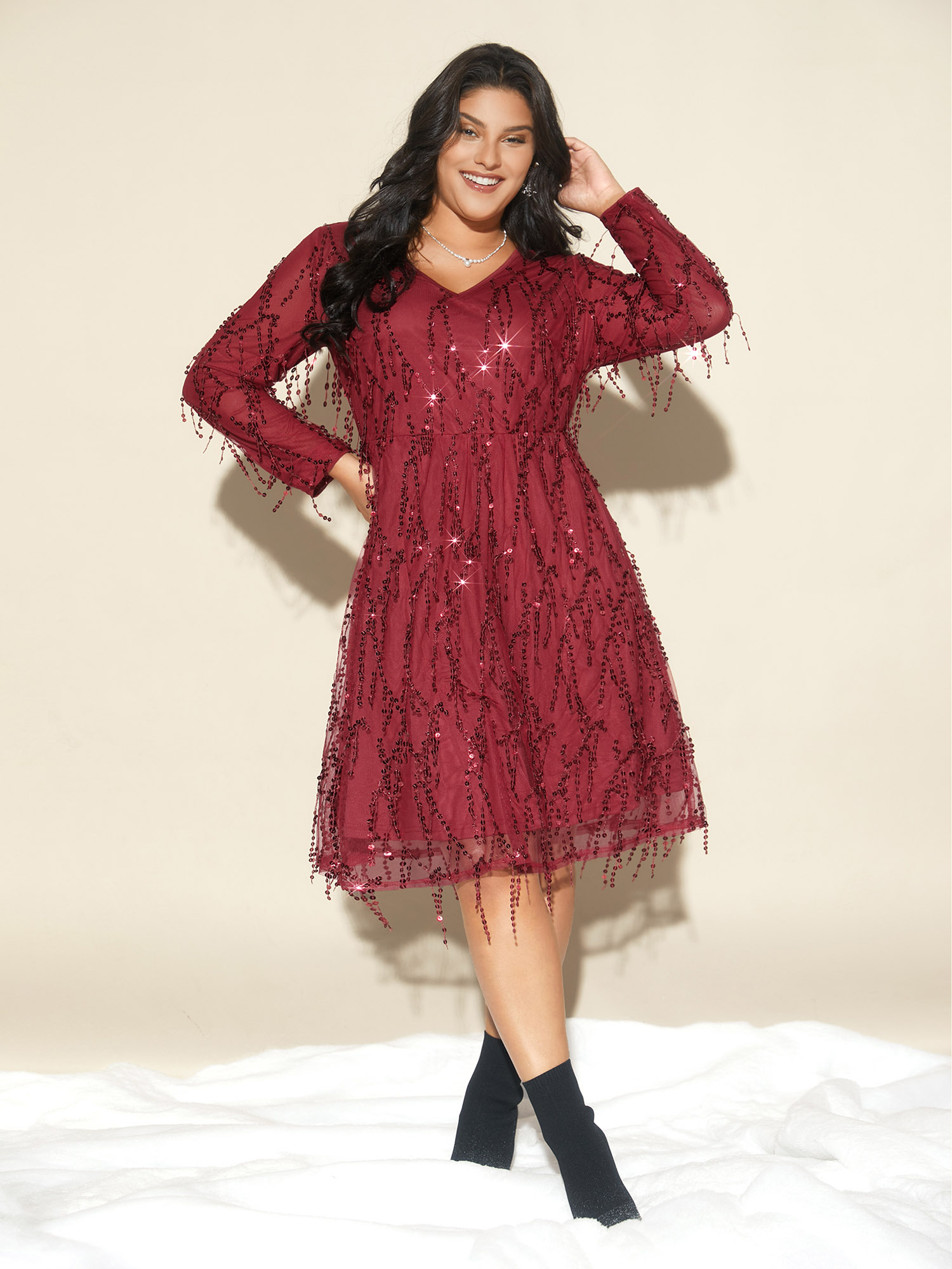 

Plus Size Sequin Fringe Detailing Elastic Waist Midi Dress Burgundy Women Cocktail Texture Party Curvy Bloomchic