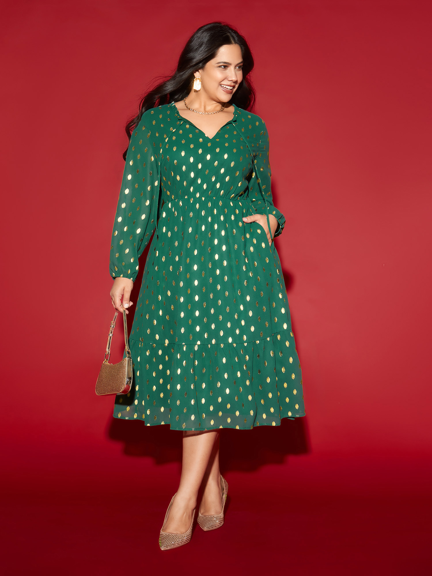 

Plus Size Glitter Notched Collar Tiered Hem Midi Dress ArmyGreen Women Cocktail Tie knot Party Curvy Bloomchic