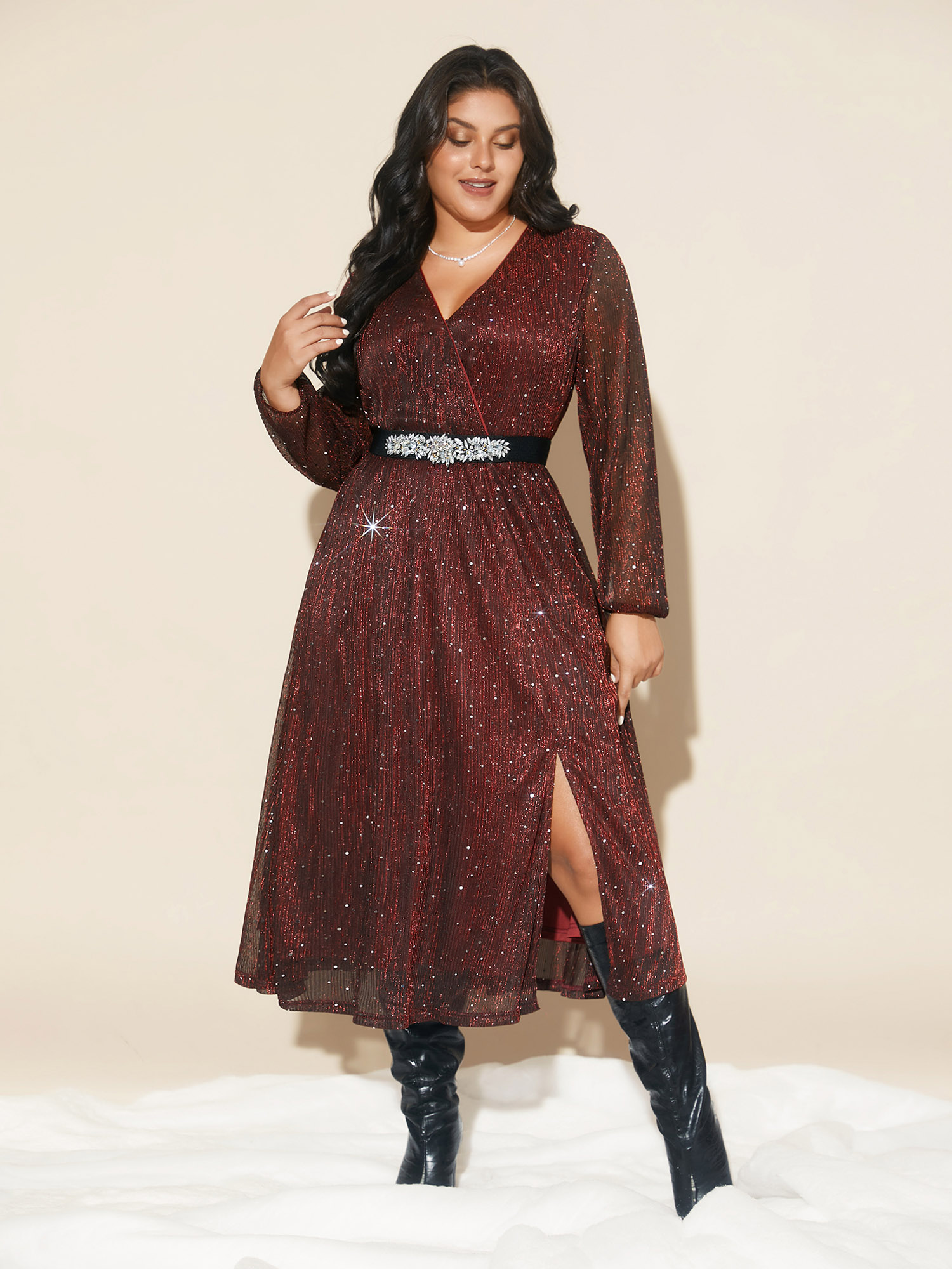 

Plus Size Stretchy Gold Foil Surplice Neckline Midi Dress Burgundy Women Cocktail Texture Party Curvy Bloomchic