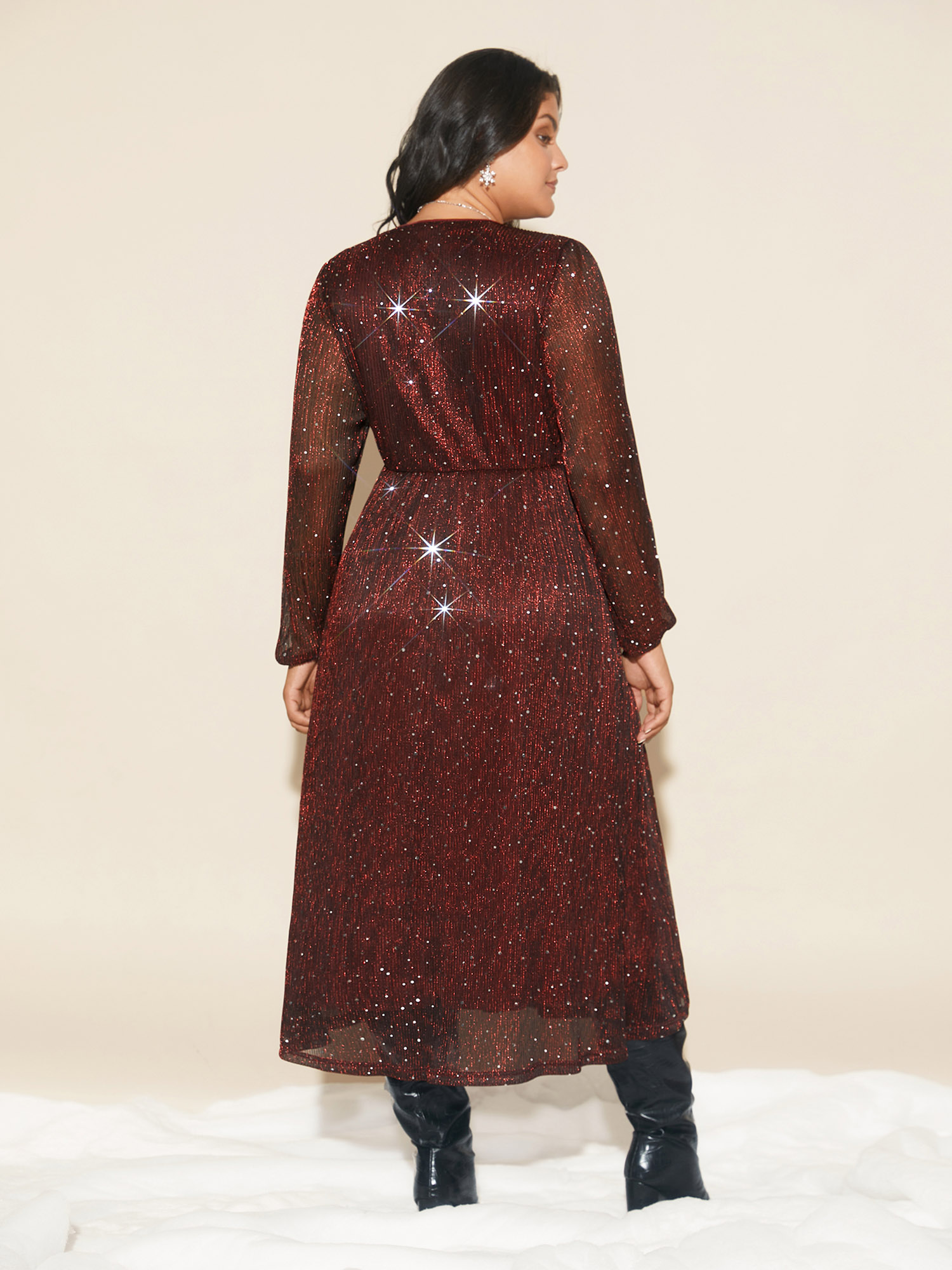 

Plus Size Stretchy Gold Foil Surplice Neckline Midi Dress Burgundy Women Cocktail Texture Party Curvy Bloomchic