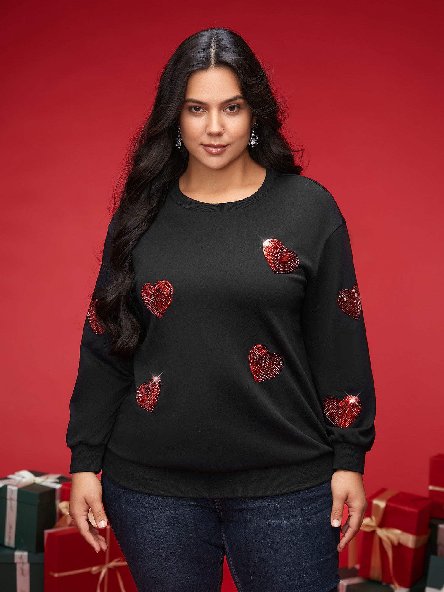 

Plus Size Sequin Heart Embellished Puffy Sleeves Sweatshirt Women Black Casual Round Neck Everyday Sweatshirts BloomChic