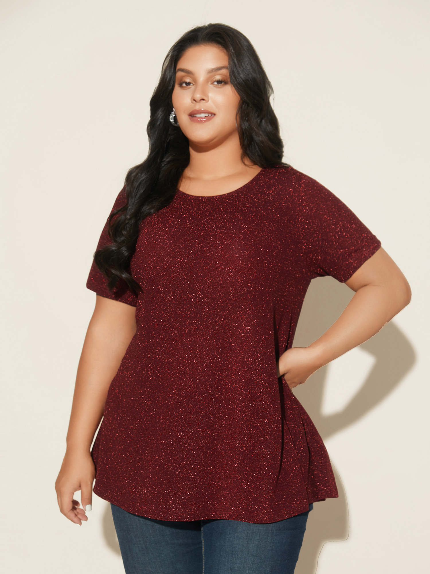 

Plus Size Shimmering Gold & Silver Thread A-Line Tee Burgundy Women Casual Non Round Neck Loose Everyday T-shirts BloomChic