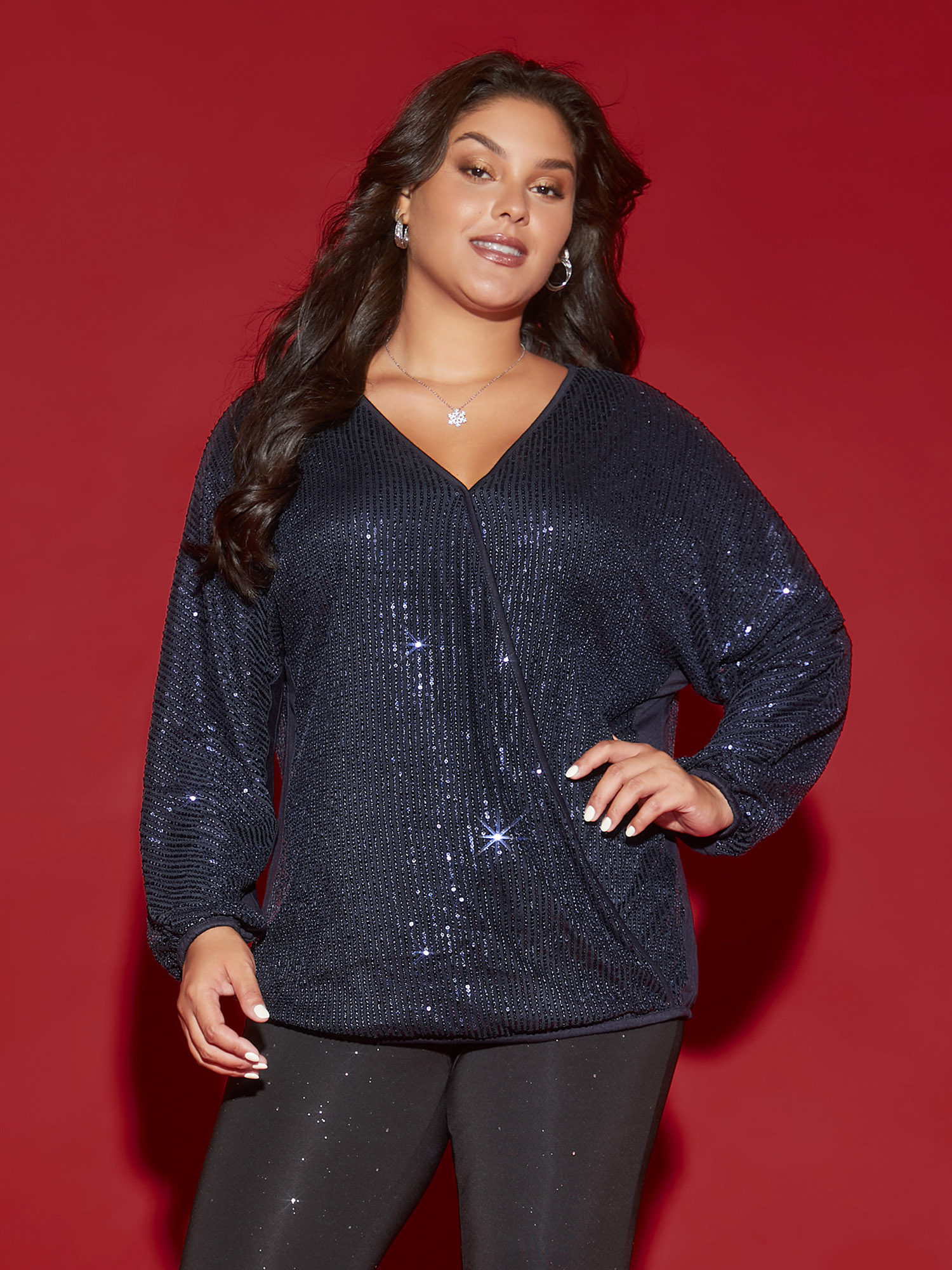 

Plus Size Shimmery Sequin Embellished Wrap Blouse Midnight Overlap Collar Extra Long Sleeve Elegant Jersey Tops