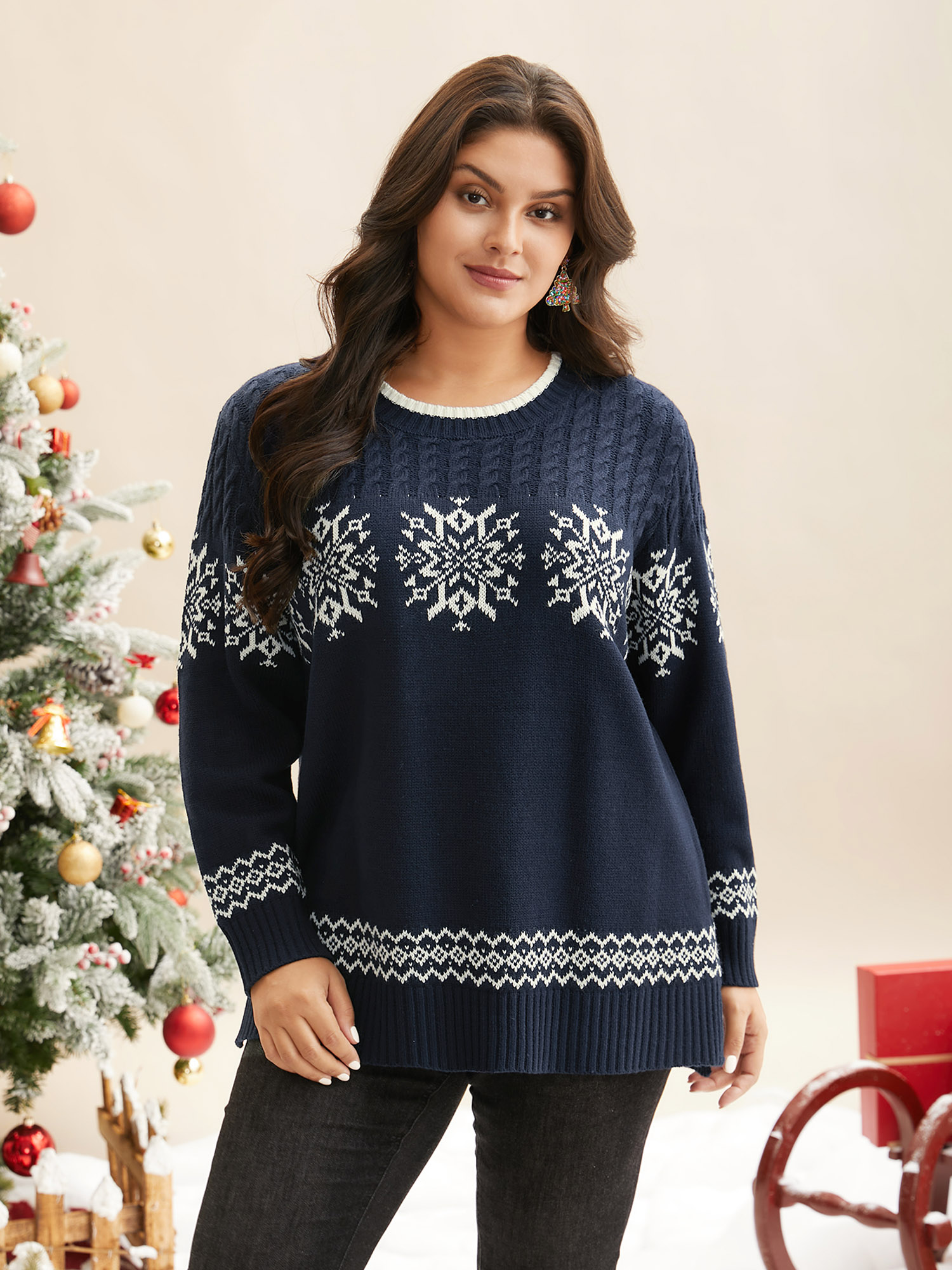 

Plus Size Snowflakes Pattern Contrast Round Neck Pullover Midnight Women Casual Loose Long Sleeve Round Neck Everyday Pullovers BloomChic