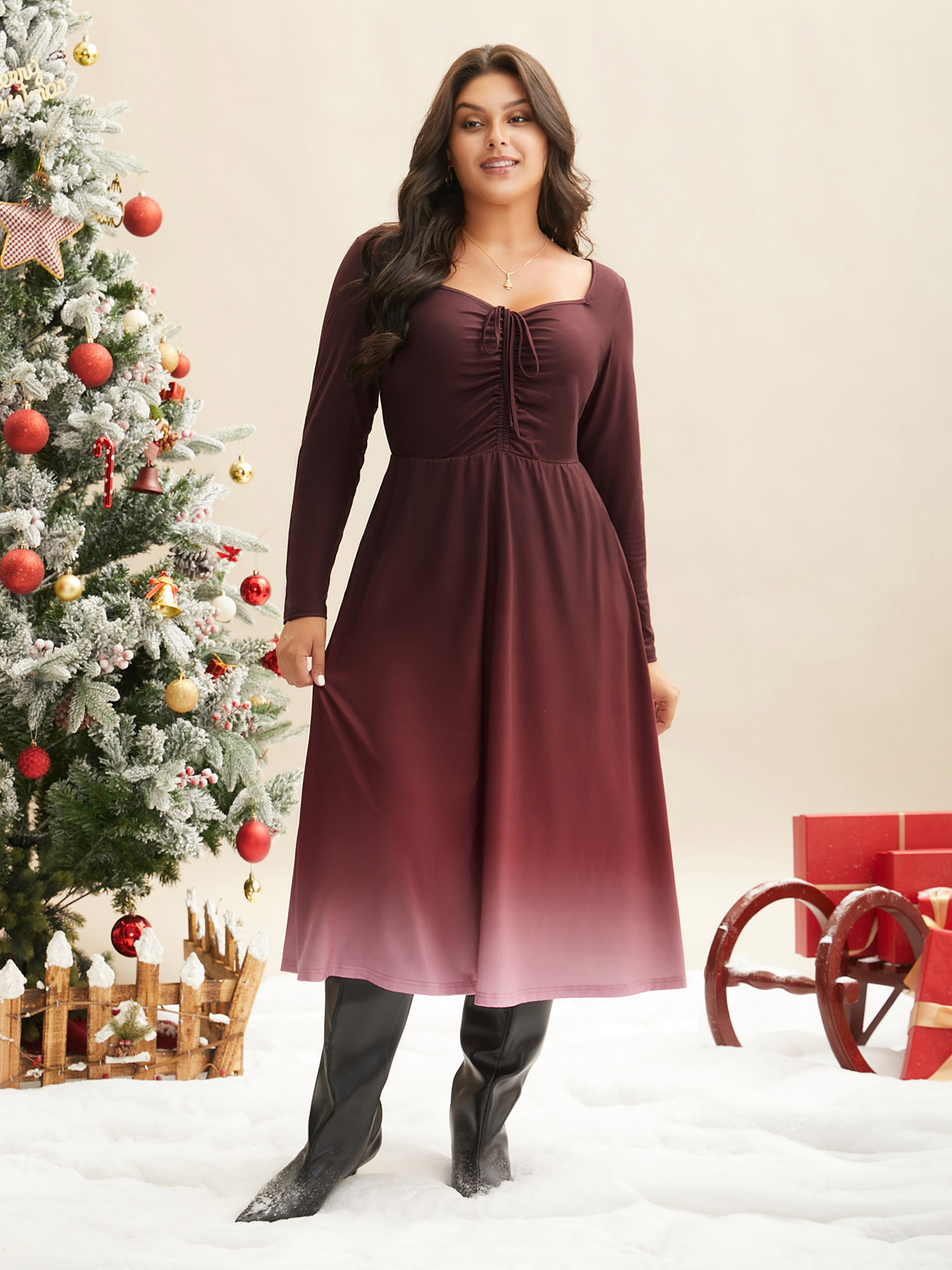 

Plus Size Heart Neckline Drawstring Gradient Midi Dress Plum Women Elegant Drawstring Party Curvy Bloomchic