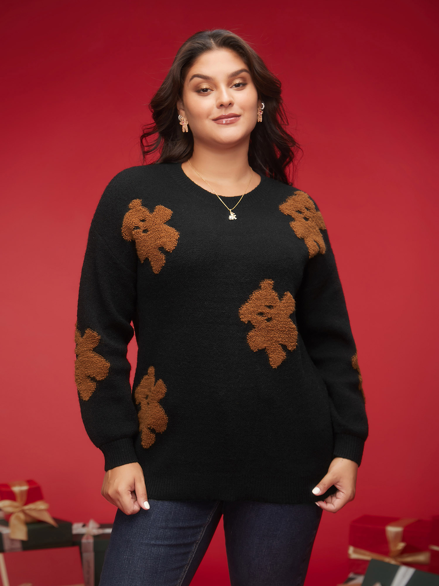 

Plus Size Bear Motifs Jacquard Puffy Sleeves Pullover Black Women Casual Loose Long Sleeve Round Neck Everyday Pullovers BloomChic