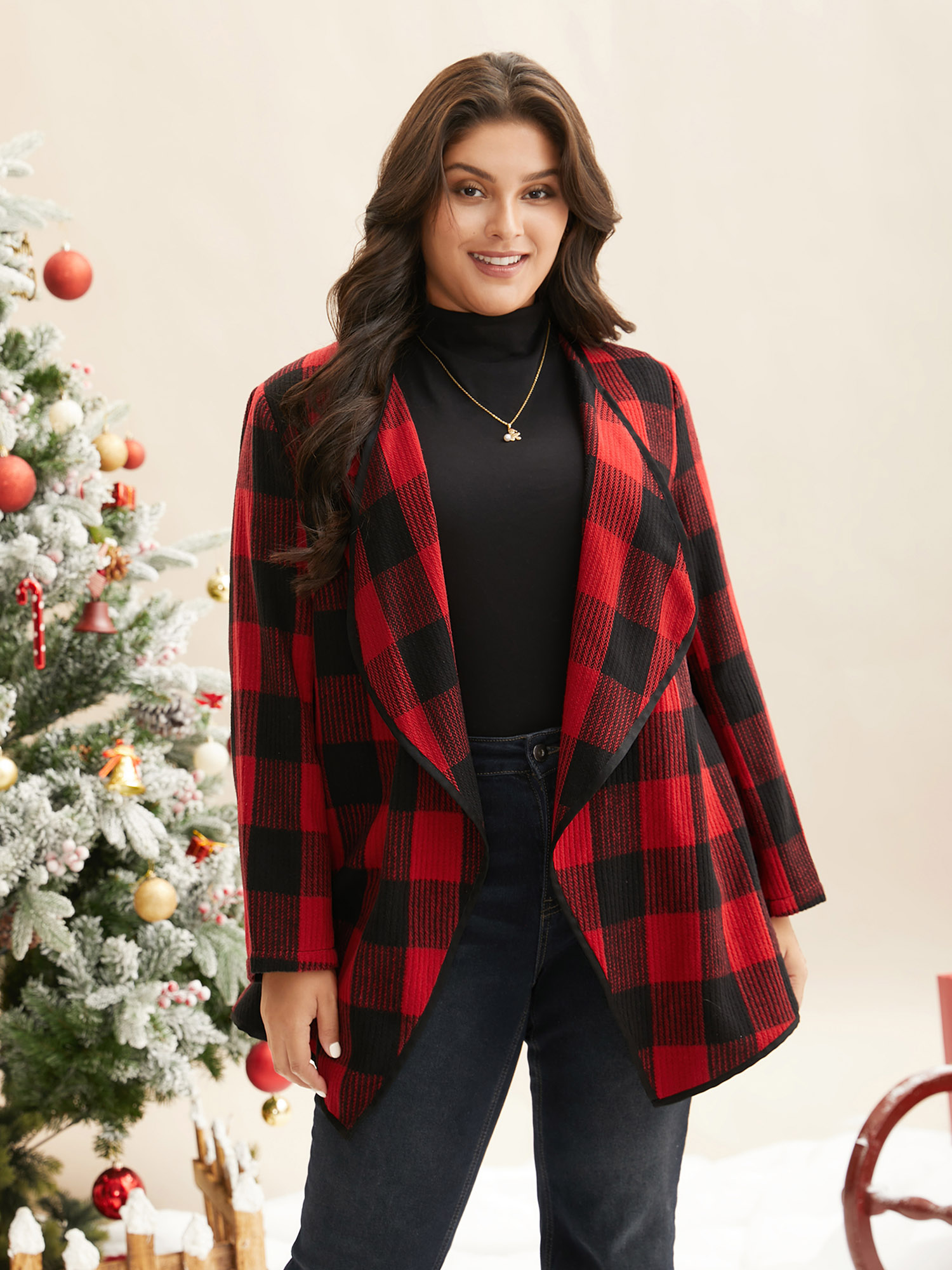 

Plus Size Festive Plaid Curved Hem Cardigan Women Brightred Contrast Loose Side seam pocket Everyday Jackets BloomChic