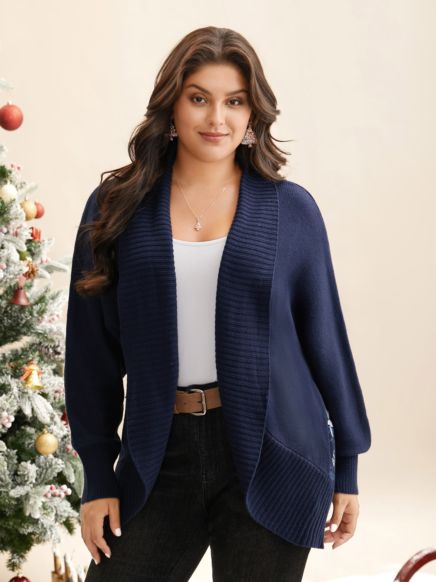 

Plus Size Winter Wonderland Shawl Collar Open Cardigan Indigo Women Casual Loose Long Sleeve Everyday Cardigans BloomChic