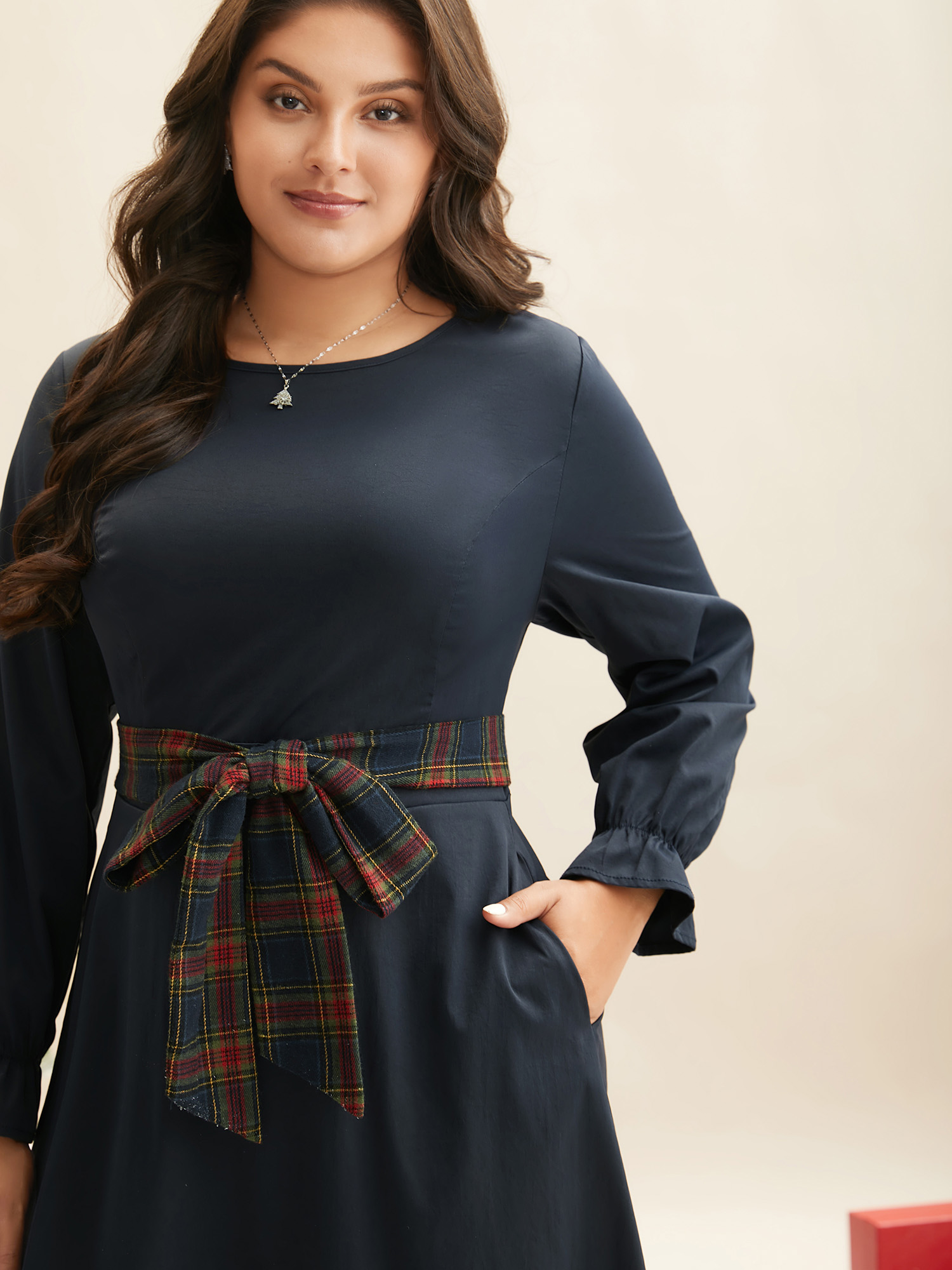 

Plus Size Festive Plaid Tie Knot Ruched Midi Dress Indigo Women Casual Tie knot Party Curvy Bloomchic