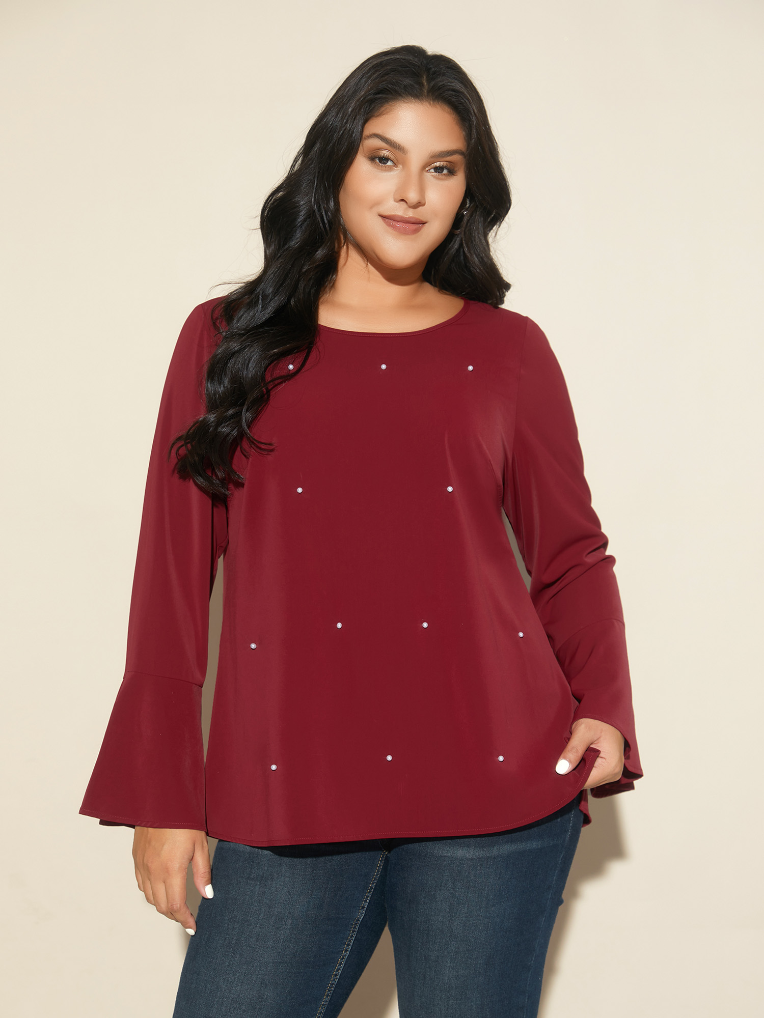 

Plus Size Scarlet Beaded Embellished Bell Sleeves Blouse Women Cocktail Long Sleeve Round Neck Party Blouses BloomChic