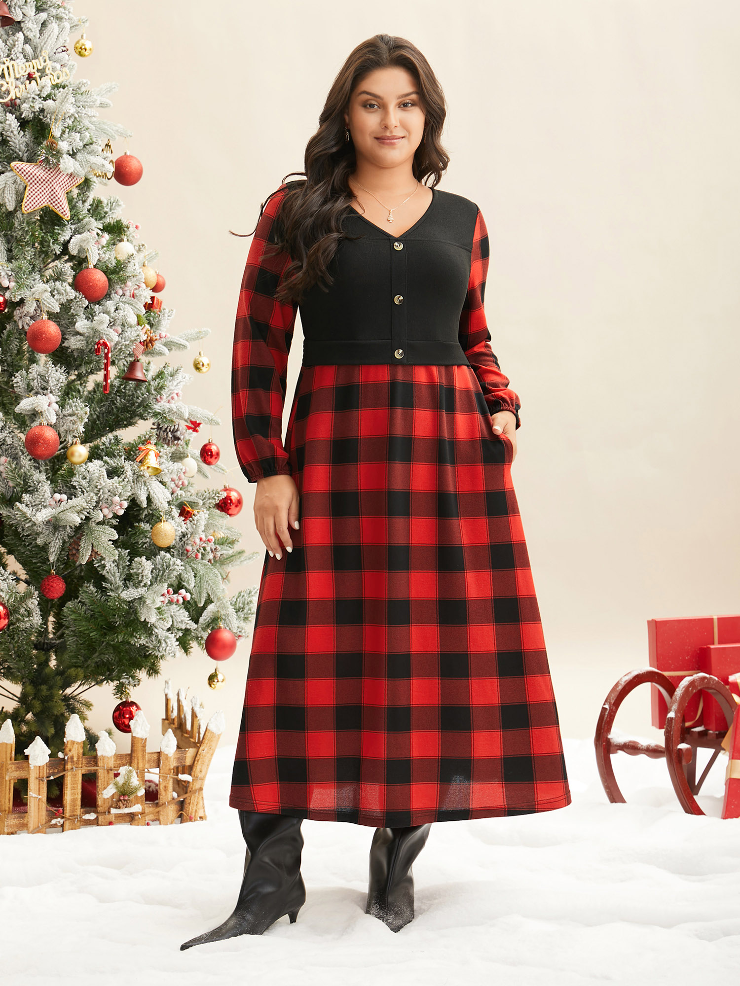 

Plus Size Vest Design Fit-and-Flare Midi Dress Crimson Women Elegant Patchwork Party Curvy Bloomchic