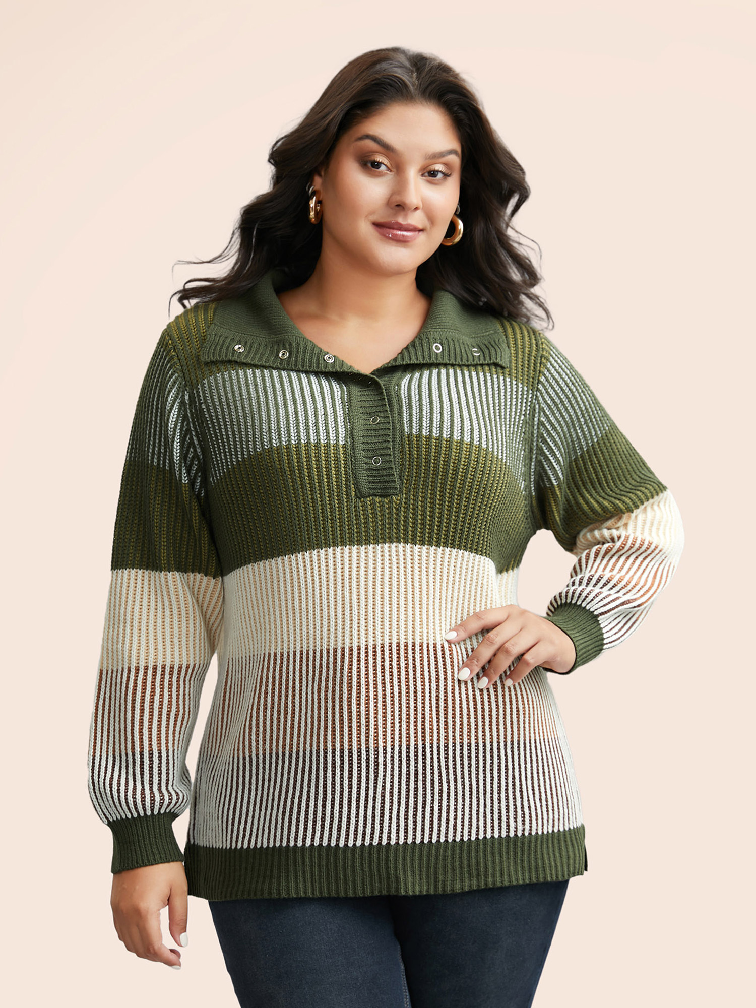 

Plus Size Polo Neck Texture Contrast Button Up Pullover ArmyGreen Women Casual Loose Long Sleeve Polo Everyday Pullovers BloomChic