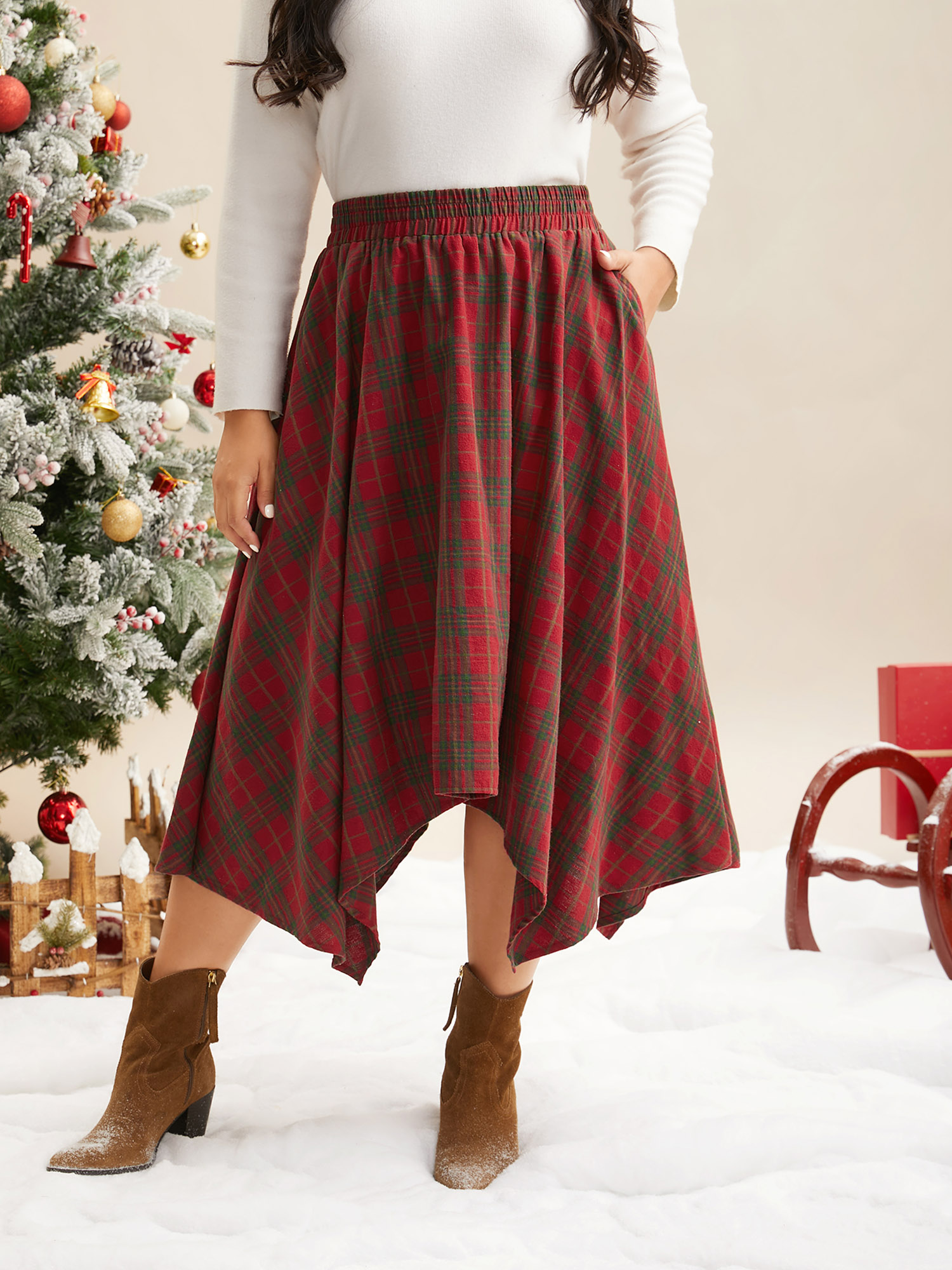 

Plus Size Plaid Pattern Asymmetrical Hemline Midi Skirt Women Crimson Elegant Asymmetrical Loose No stretch Slanted pocket Everyday Skirts BloomChic