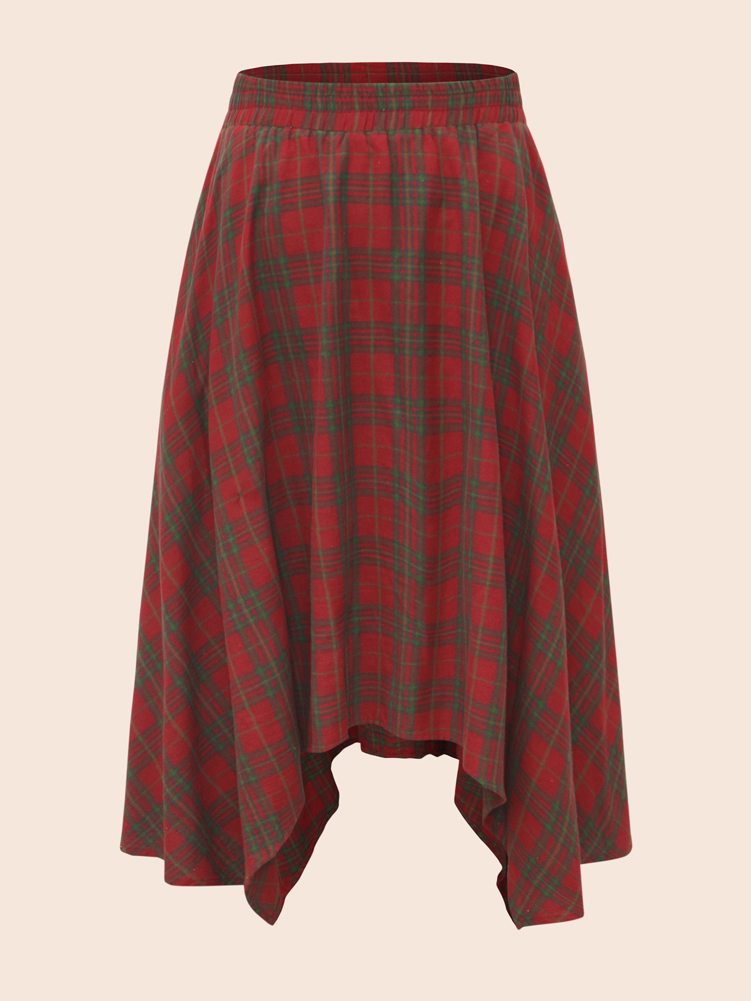 

Plus Size Plaid Pattern Asymmetrical Hemline Midi Skirt Women Crimson Elegant Asymmetrical Loose No stretch Slanted pocket Everyday Skirts BloomChic