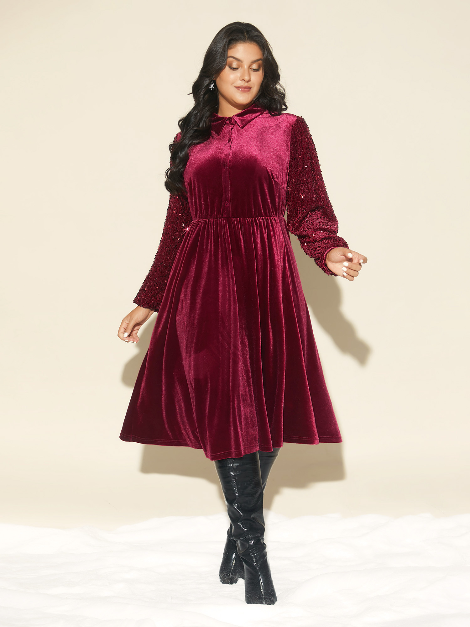 

Plus Size Shimmery Embellishments Bow-tie Collar Midi Dress Burgundy Women Cocktail Texture Shirt collar Long Sleeve Curvy BloomChic