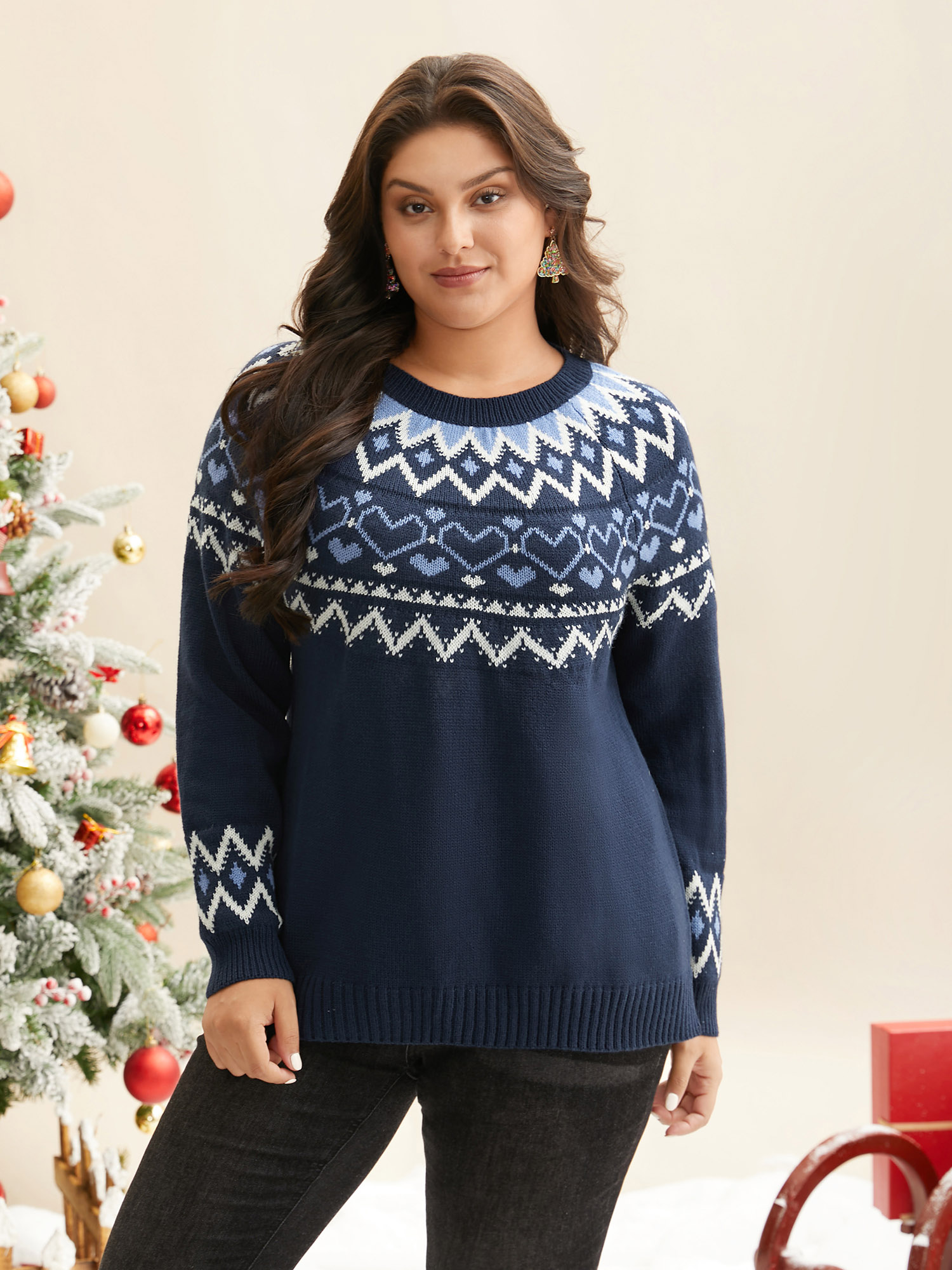 

Plus Size Fair Isle Yoke Pattern Crew-Neck Pullover Indigo Women Casual Loose Long Sleeve Round Neck Everyday Pullovers BloomChic