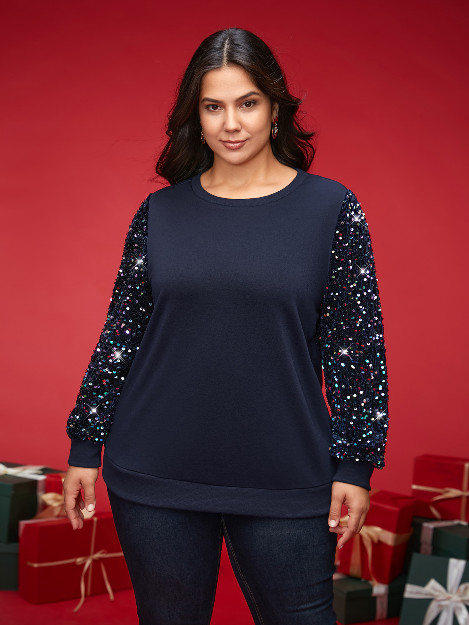 

Plus Size Confetti Pattern Sleeves Sweatshirt Women Indigo Casual Patchwork Round Neck Everyday Sweatshirts BloomChic