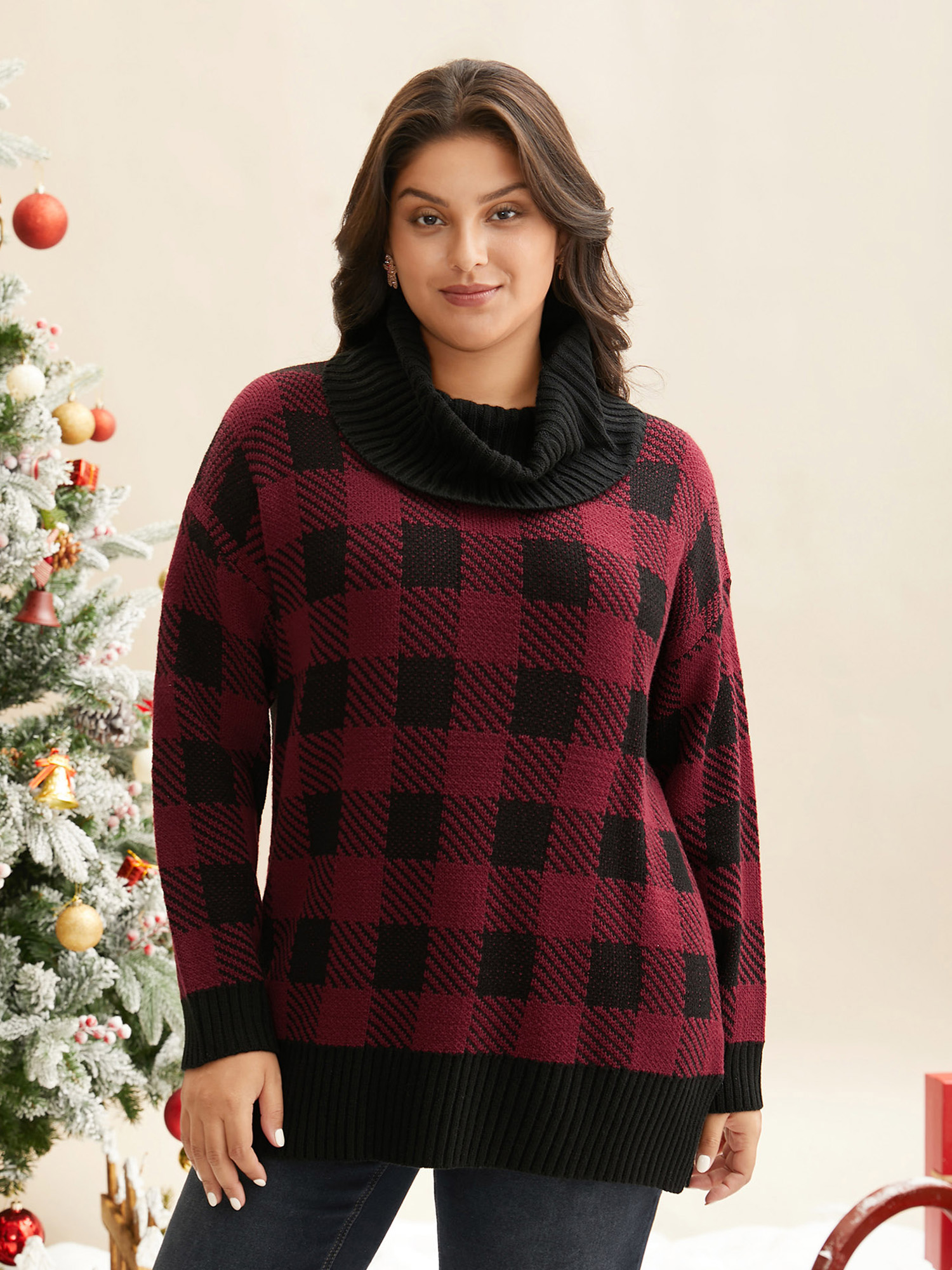 

Plus Size Turtleneck Plaid Pattern Straight Fit Pullover Scarlet Women Casual Loose Long Sleeve Turtleneck Everyday Pullovers BloomChic