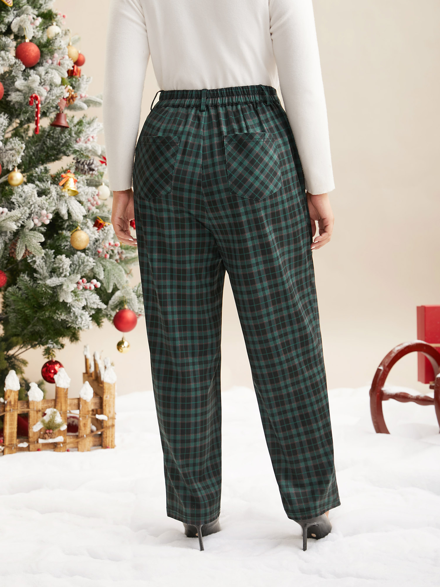 

Plus Size Plaid Pattern Straight-Leg Mid Rise Pants Women DarkGreen Elegant Straight Leg Mid Rise Everyday Pants BloomChic