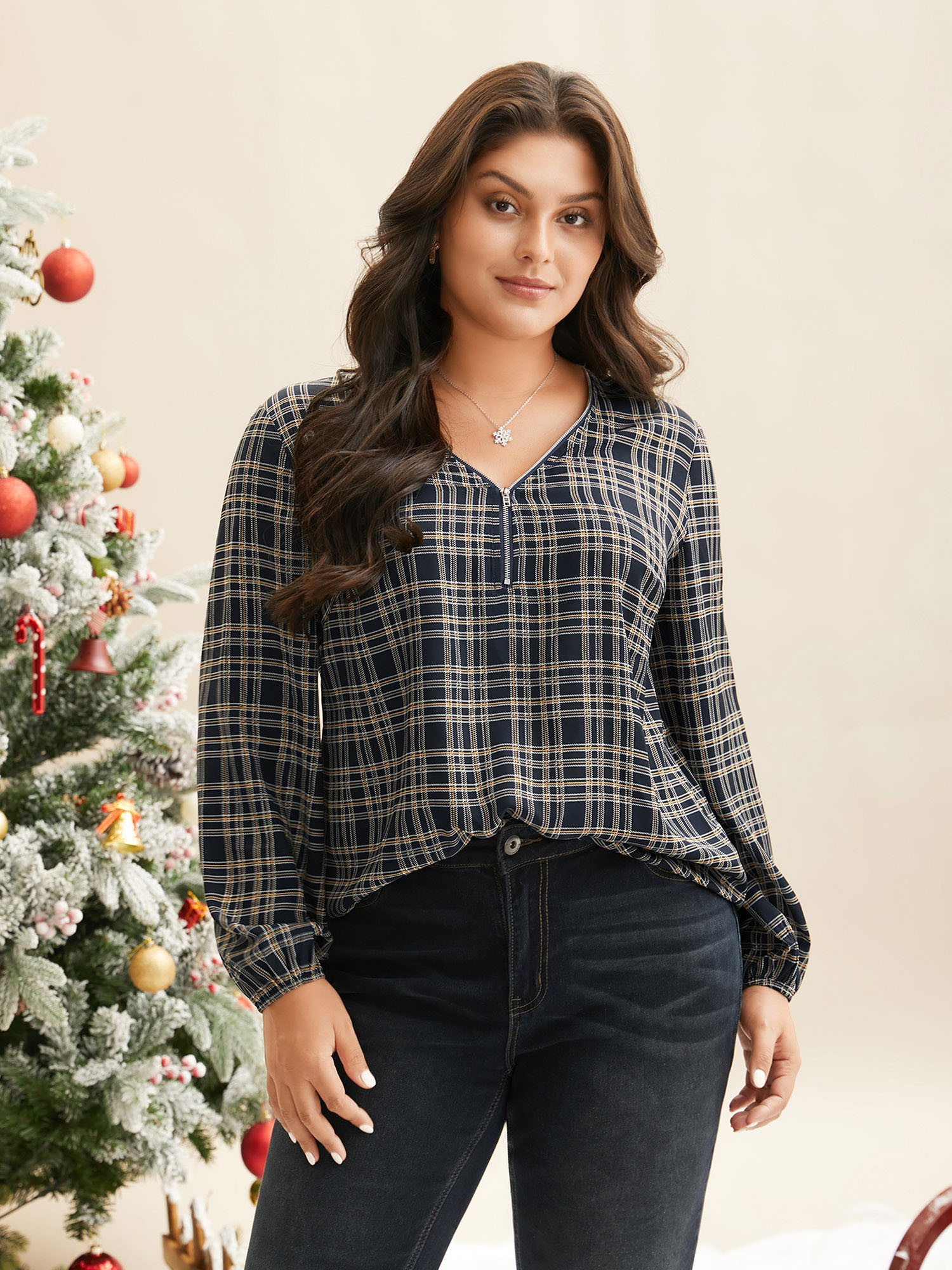 

Plus Size Indigo Plaid Zipper Front Lantern Sleeve Blouse Women Elegant Long Sleeve V-neck Everyday Blouses BloomChic