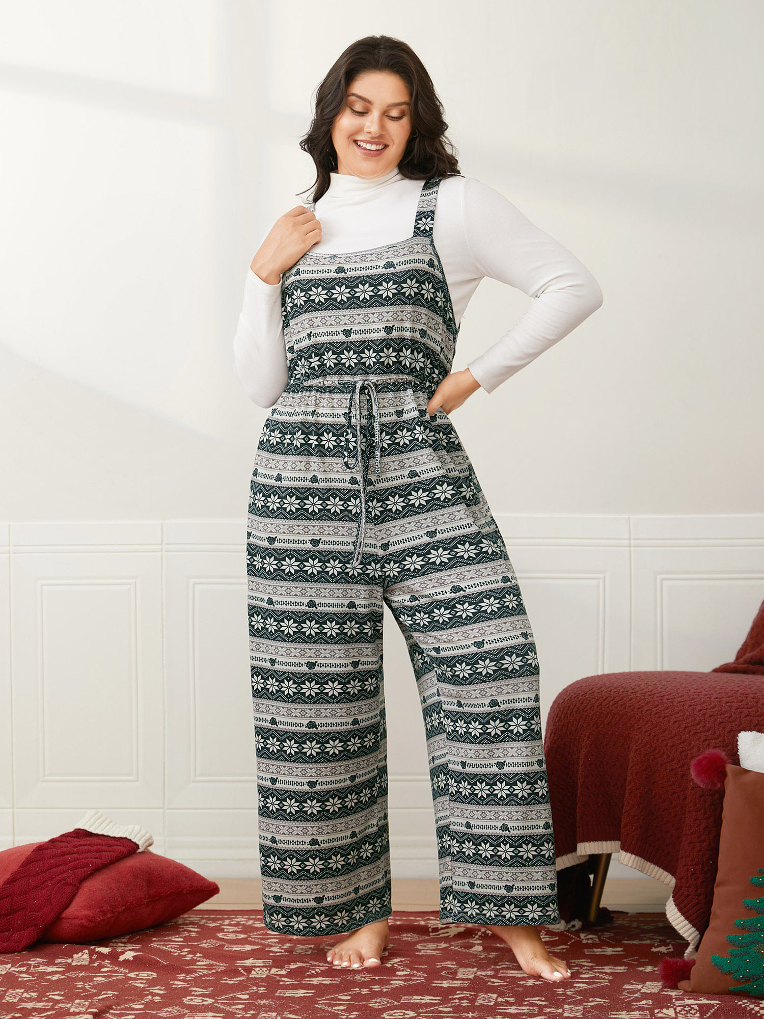 

Plus Size Snowflakes Printed Adjustable Waist Jumpsuit DarkSlateGray Side seam pocket Drawstring Everyday Casual Sleep Jumpsuits/Rompers  Bloomchic