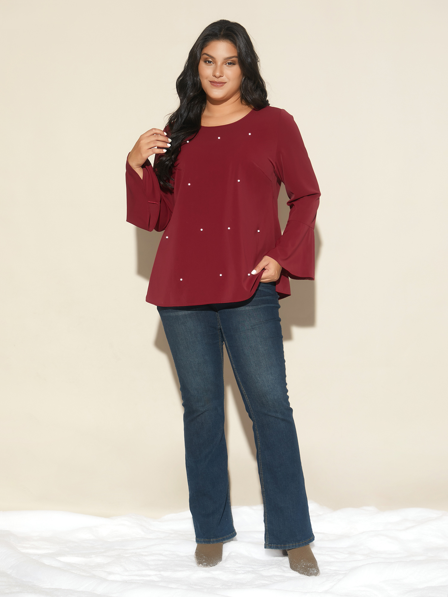 

Plus Size Scarlet Beaded Embellished Bell Sleeves Blouse Women Cocktail Long Sleeve Round Neck Party Blouses BloomChic