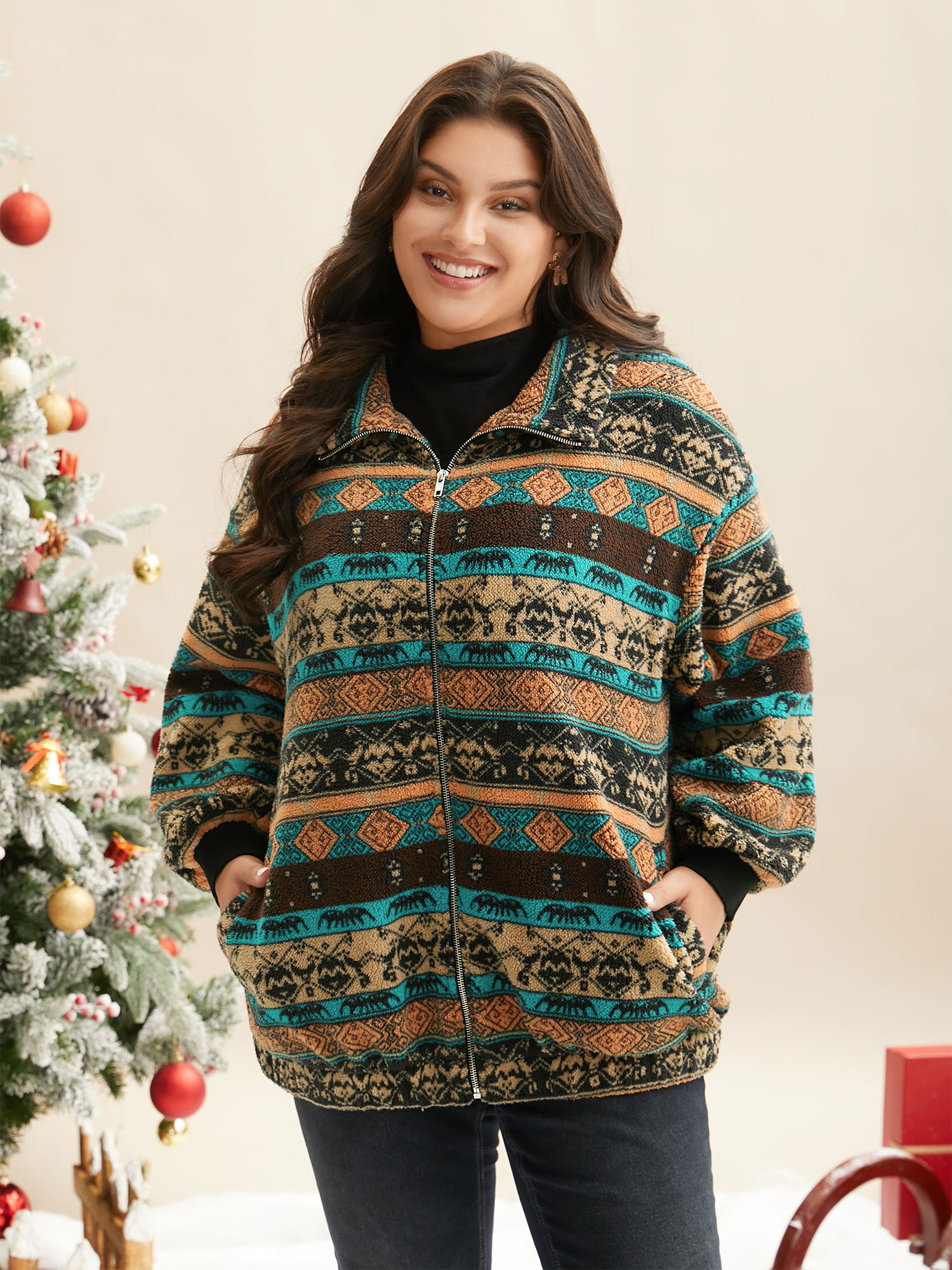 

Plus Size Holiday Print Half-Zipper Collared Pullover Women Multicolor Contrast Loose Slanted pocket Everyday Jackets BloomChic