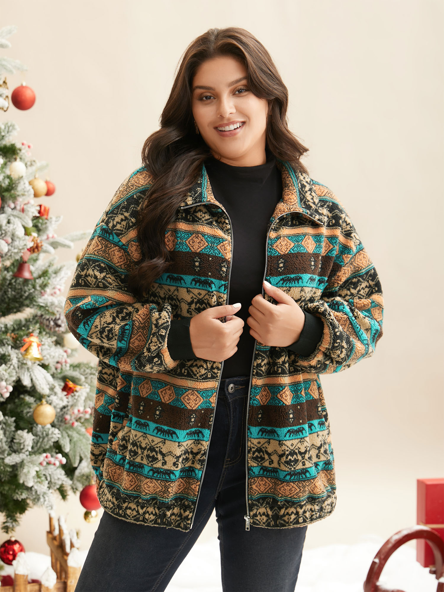 

Plus Size Holiday Zipper Collared Jacket Women Multicolor Contrast Loose Slanted pocket Everyday Jackets BloomChic