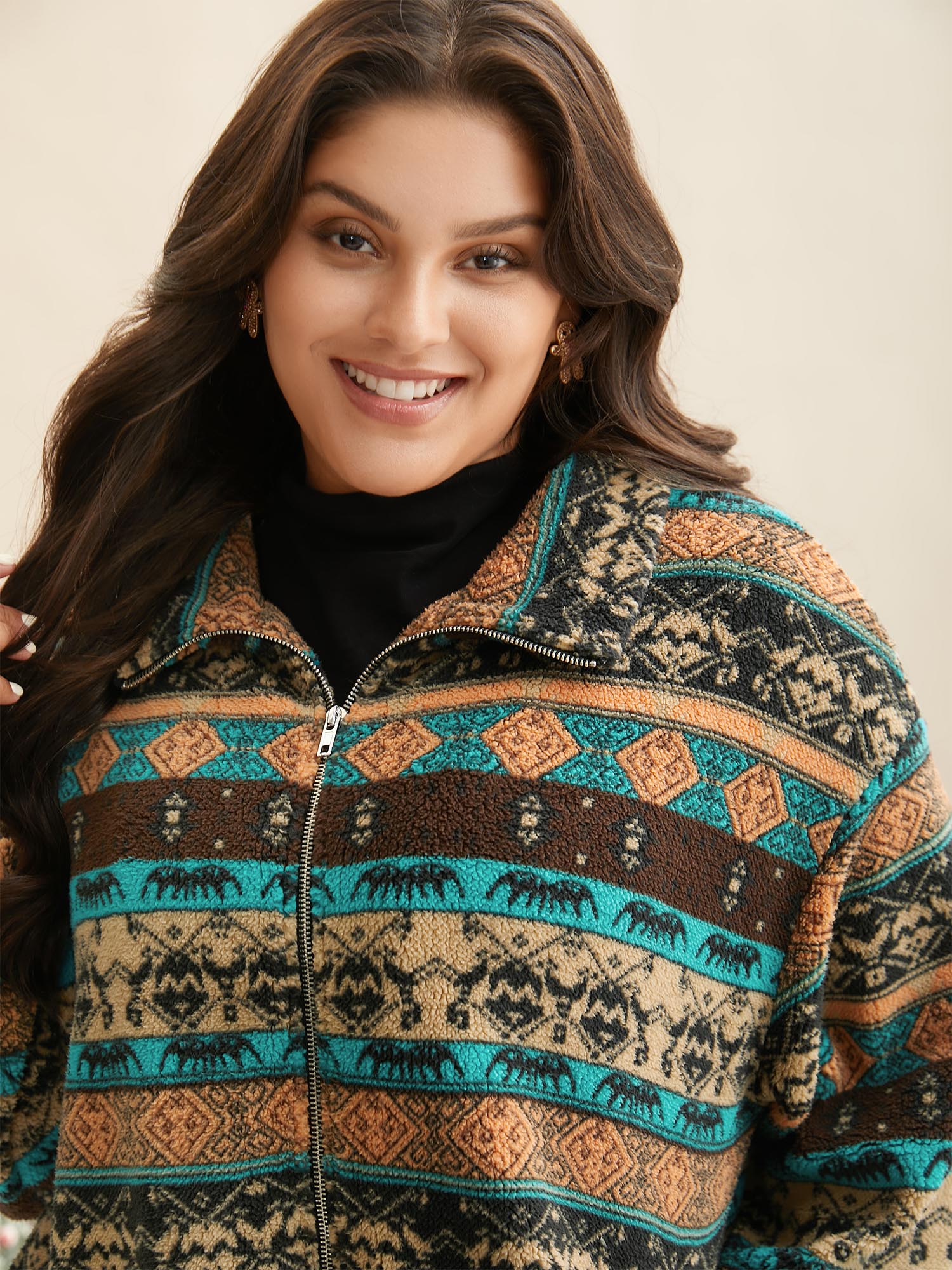 Plus Size Holiday Zipper Collared Jacket Women Multicolor Contrast Loose Slanted pocket Everyday Jackets BloomChic 18-20/2X 
