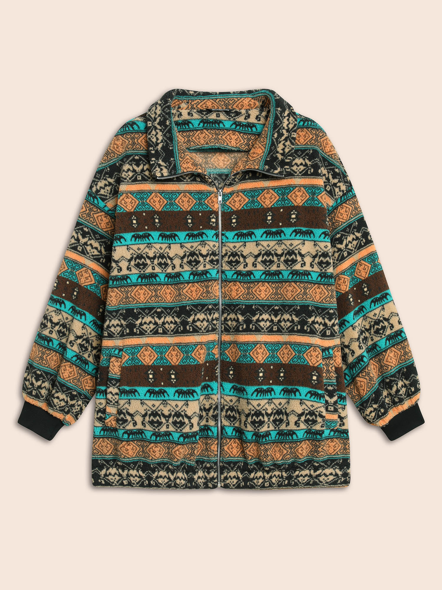 Plus Size Holiday Zipper Collared Jacket Women Multicolor Contrast Loose Slanted pocket Everyday Jackets BloomChic 18-20/2X 
