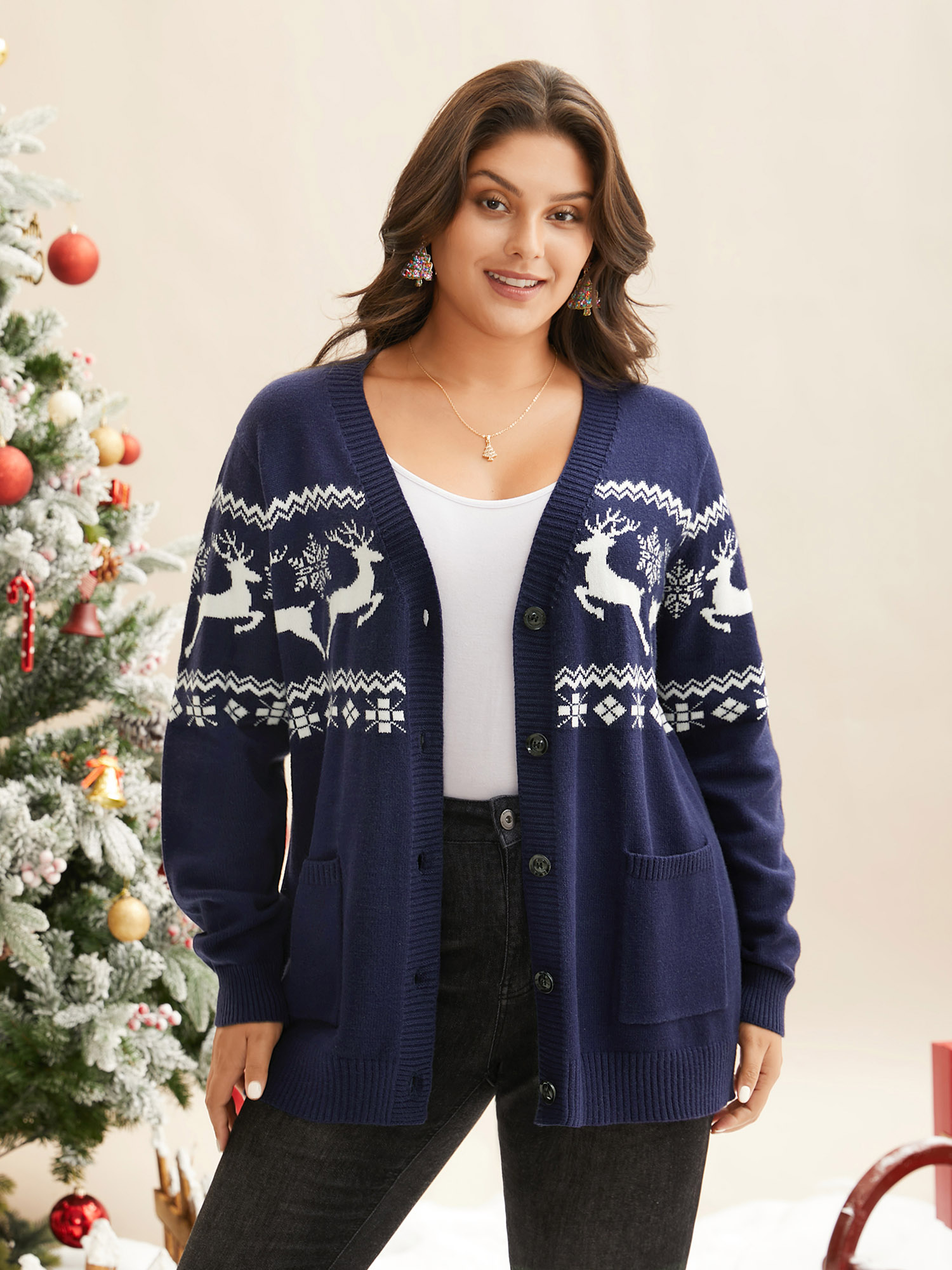 

Plus Size Supersoft Essentials Holiday Patterns Button Front Cardigan Indigo Women Casual Loose Long Sleeve Everyday Cardigans BloomChic