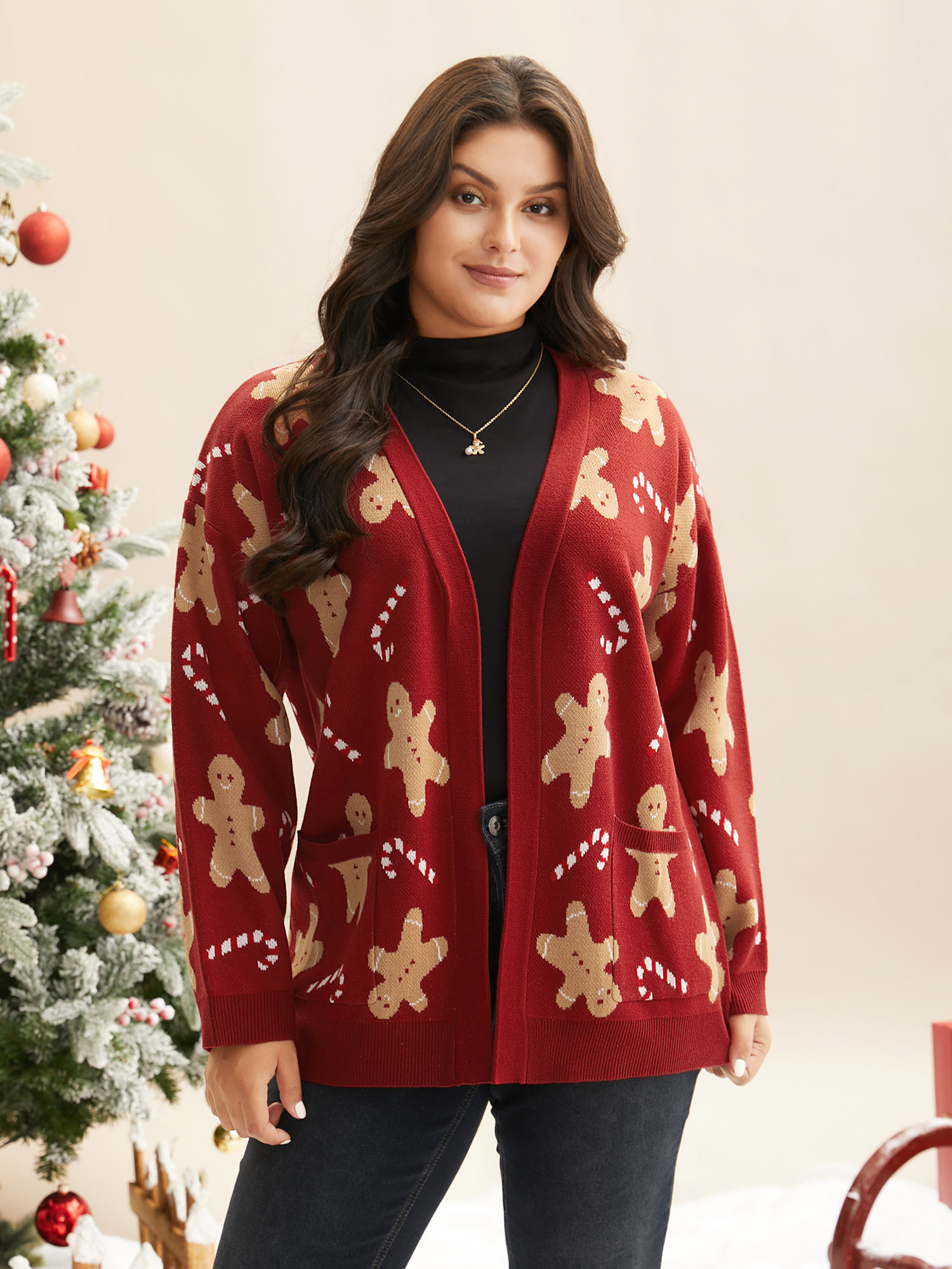 

Plus Size Gingerbread & Candycane Shimmering Threads Cardigan Scarlet Women Casual Loose Long Sleeve Everyday Cardigans BloomChic