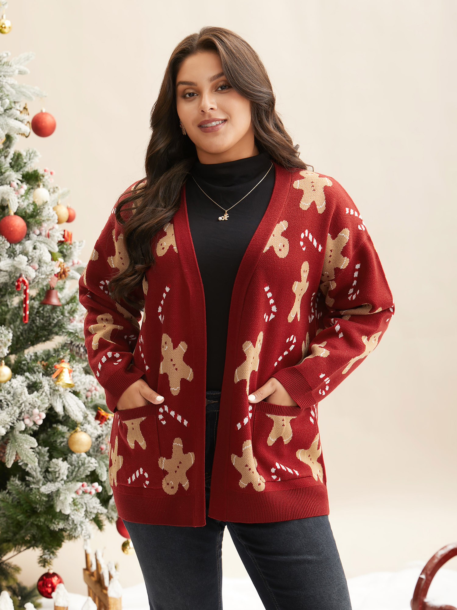 

Plus Size Gingerbread & Candycane Shimmering Threads Cardigan Scarlet Women Casual Loose Long Sleeve Everyday Cardigans BloomChic