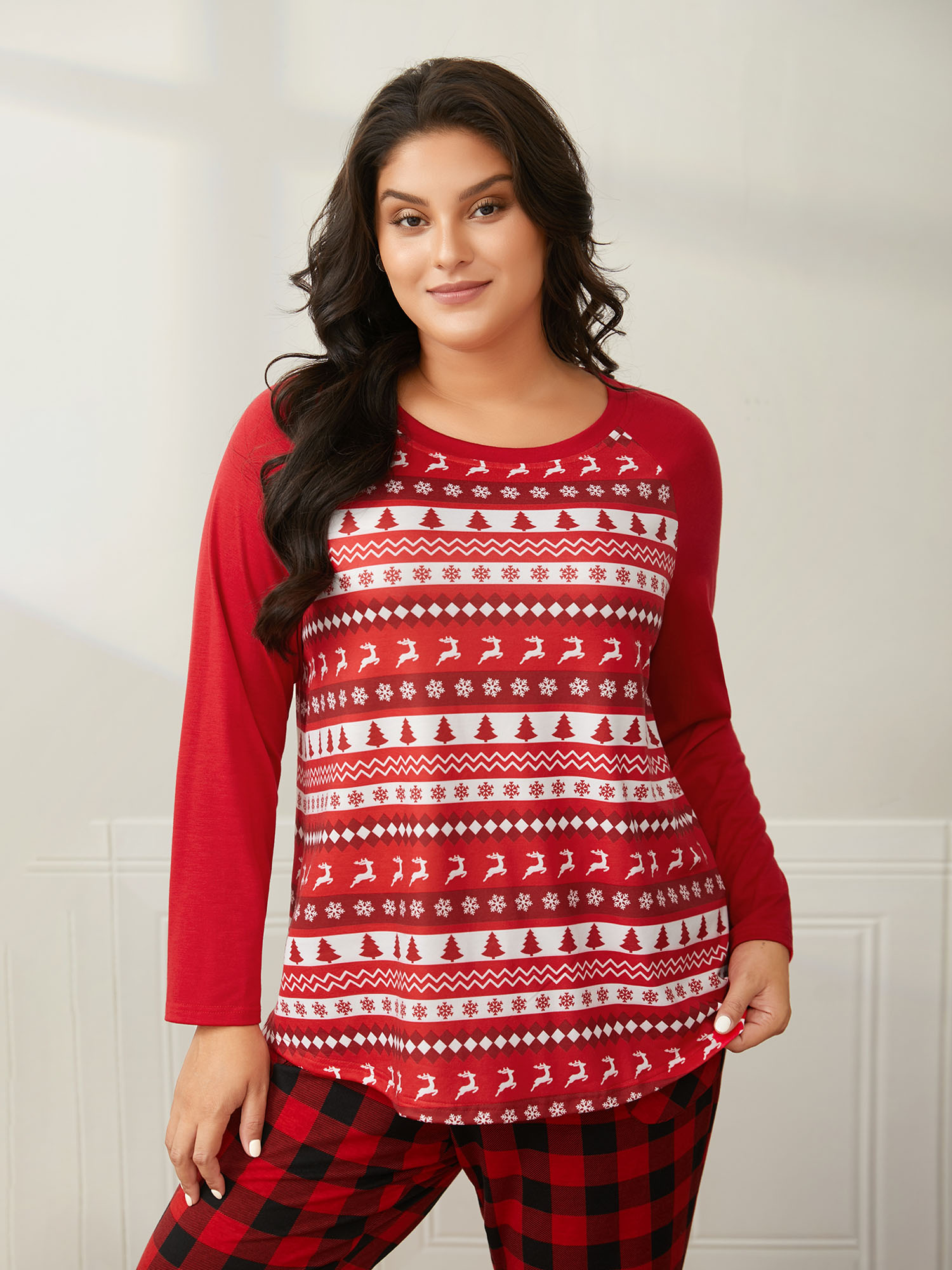 

Plus Size Holiday Printed Solid Sleeves Lounge Top Brightred Everyday Casual Christmas Long Sleeve Round Neck  Bloomchic