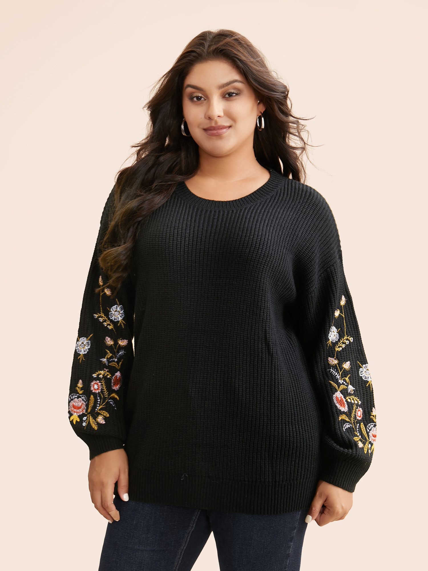 

Plus Size Floral Embroidered Drop Shoulder Sleeve Pullover Black Women Casual Loose Long Sleeve Round Neck Everyday Pullovers BloomChic