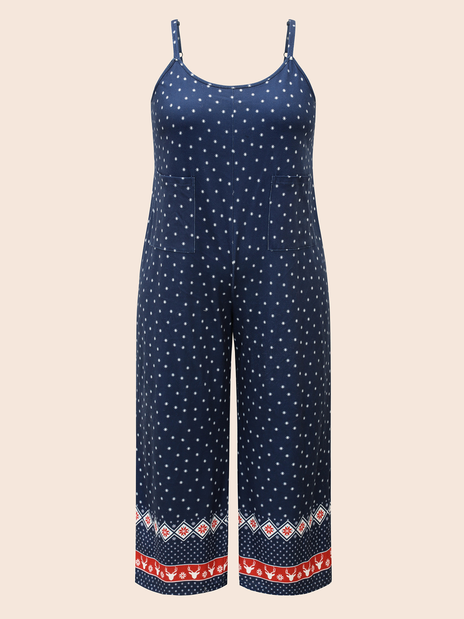 

Plus Size Deer-Flake Printed Straight Leg Jumpsuit Indigo Patch pocket Non Everyday Casual Sleep Jumpsuits/Rompers  Bloomchic