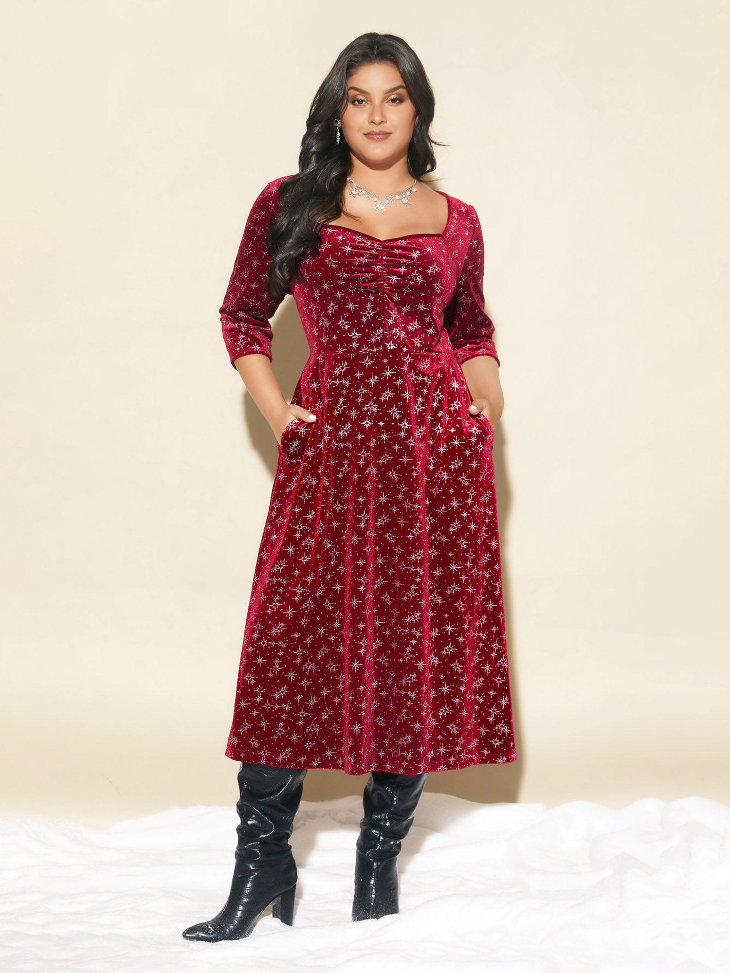 

Plus Size Embossed Velvet Sweetheart Neckline Midi Dress Burgundy Women Cocktail Texture Heart neckline Elbow-length sleeve Curvy BloomChic