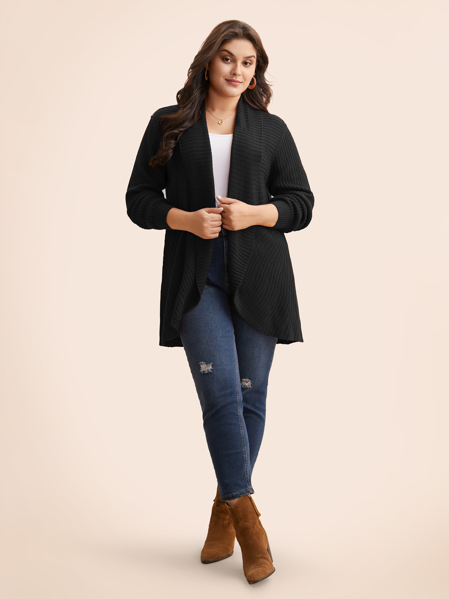 

Plus Size Kimono Collar Texture Cable Knit Cardigan Black Women Casual Loose Long Sleeve Everyday Cardigans BloomChic