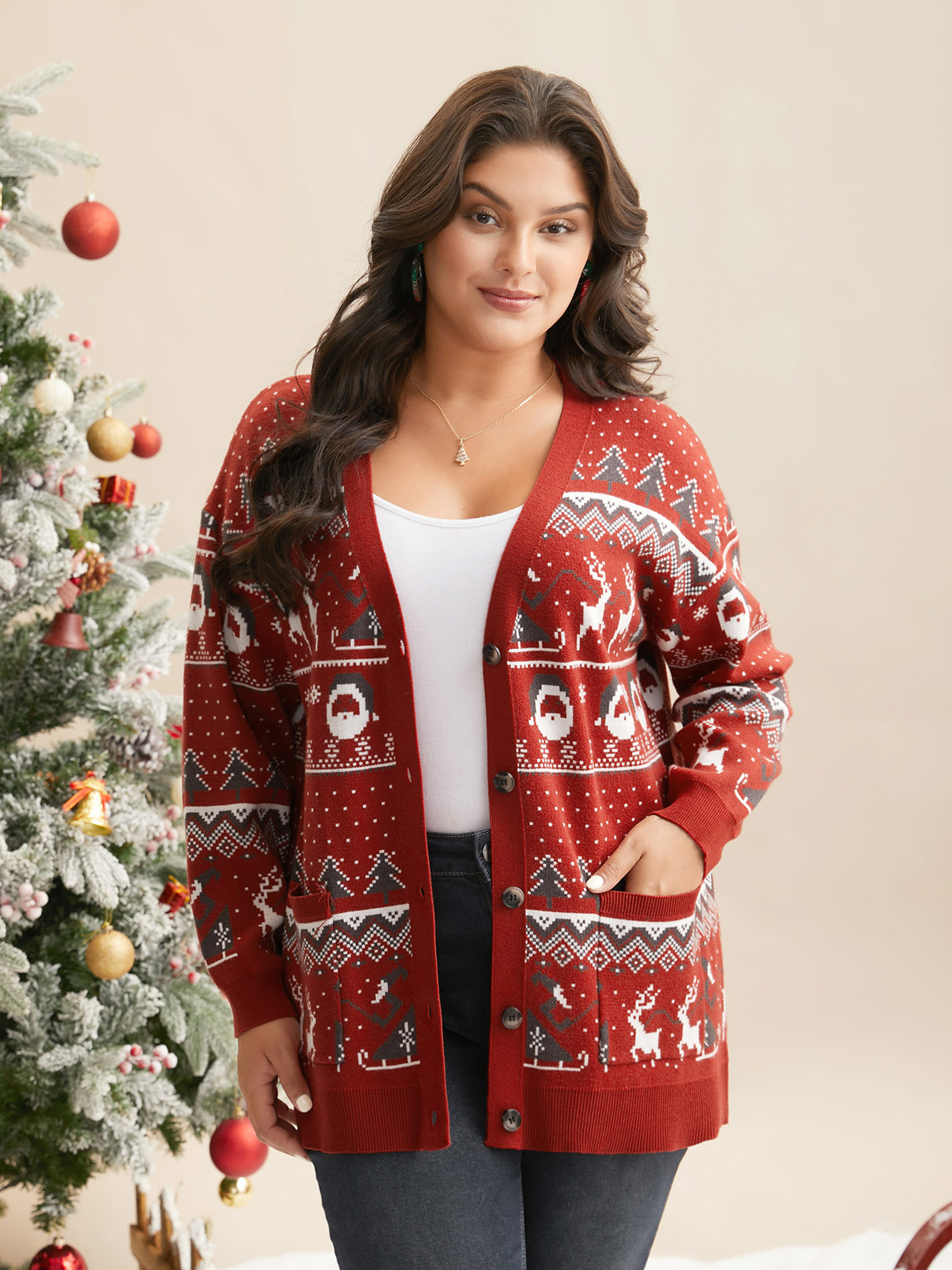 

Plus Size Supersoft Essentials Home-for-Holidays Button-Front Cardigan Brightred Women Elegant Loose Long Sleeve Everyday Cardigans BloomChic