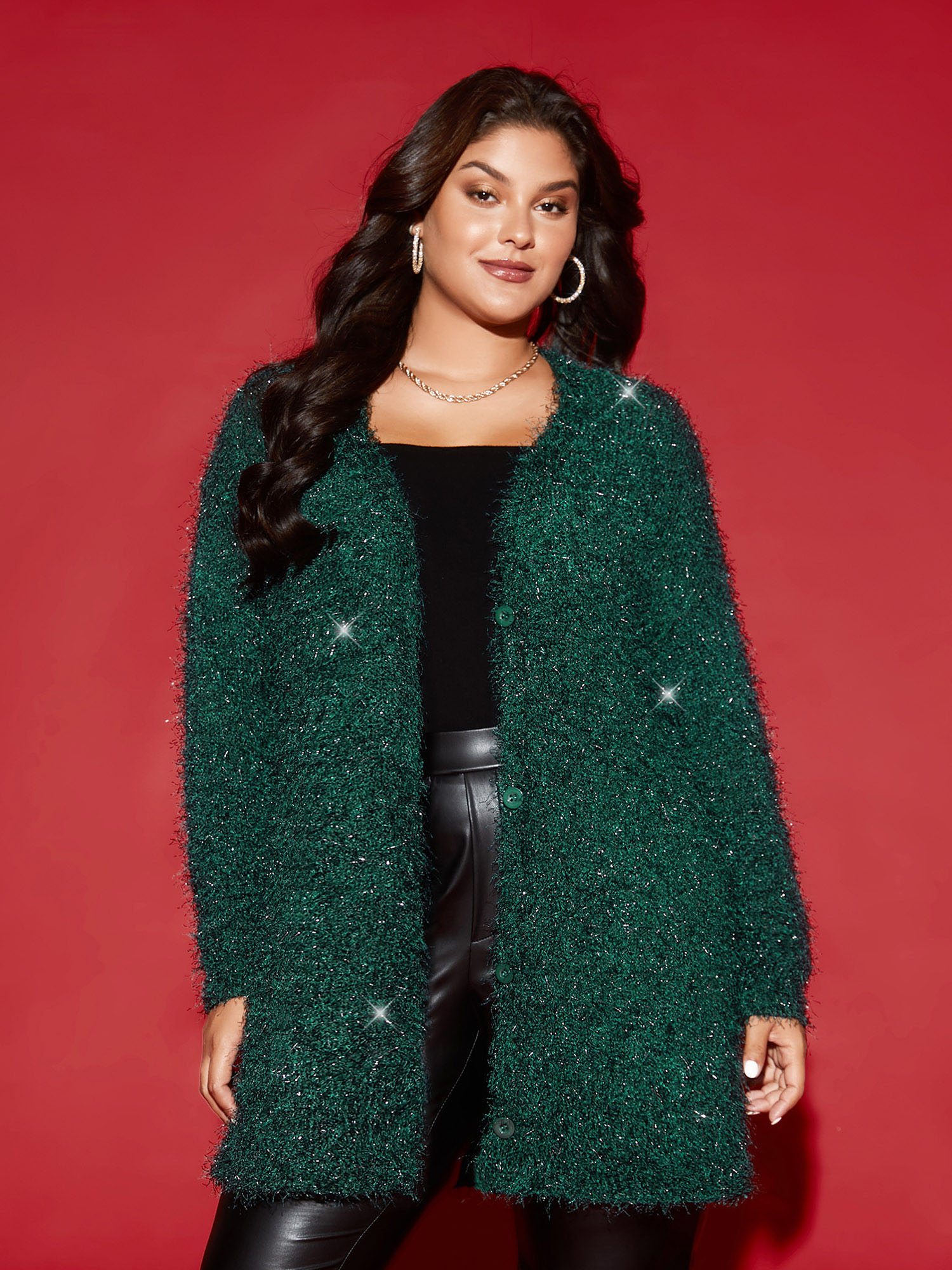 

Plus Size Shimmery V-neck Button-Front Cardigan DarkGreen Women Cocktail Loose Long Sleeve Party Cardigans BloomChic