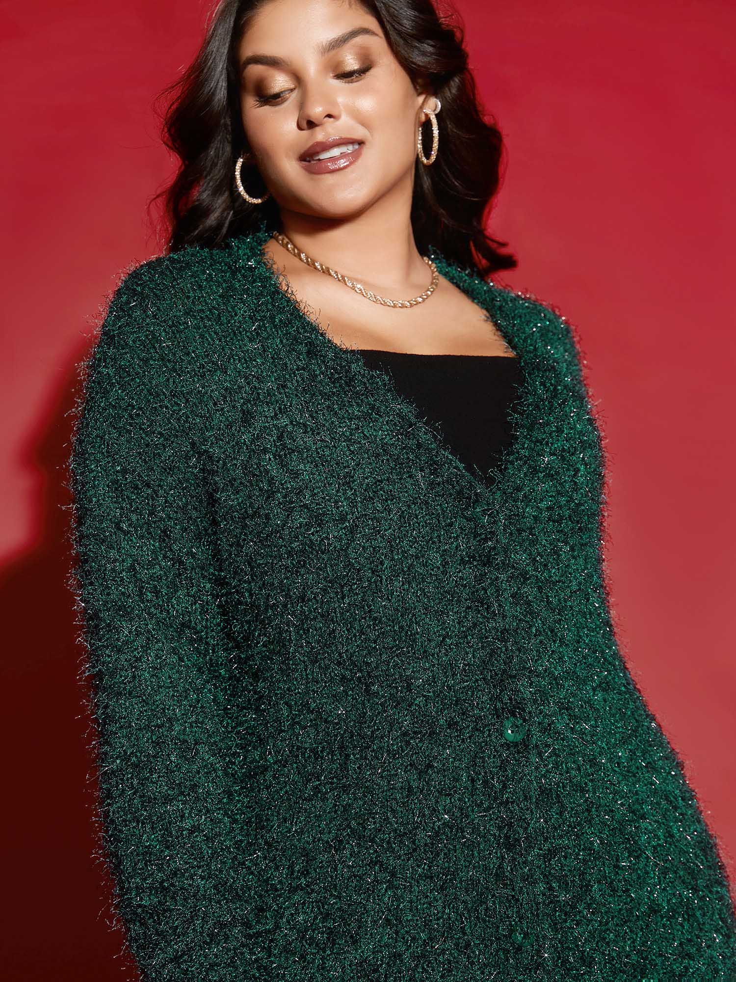 Plus Size Shimmery V-neck Button-Front Cardigan DarkGreen Women Cocktail Loose Long Sleeve Party Cardigans BloomChic 22-24/3X 