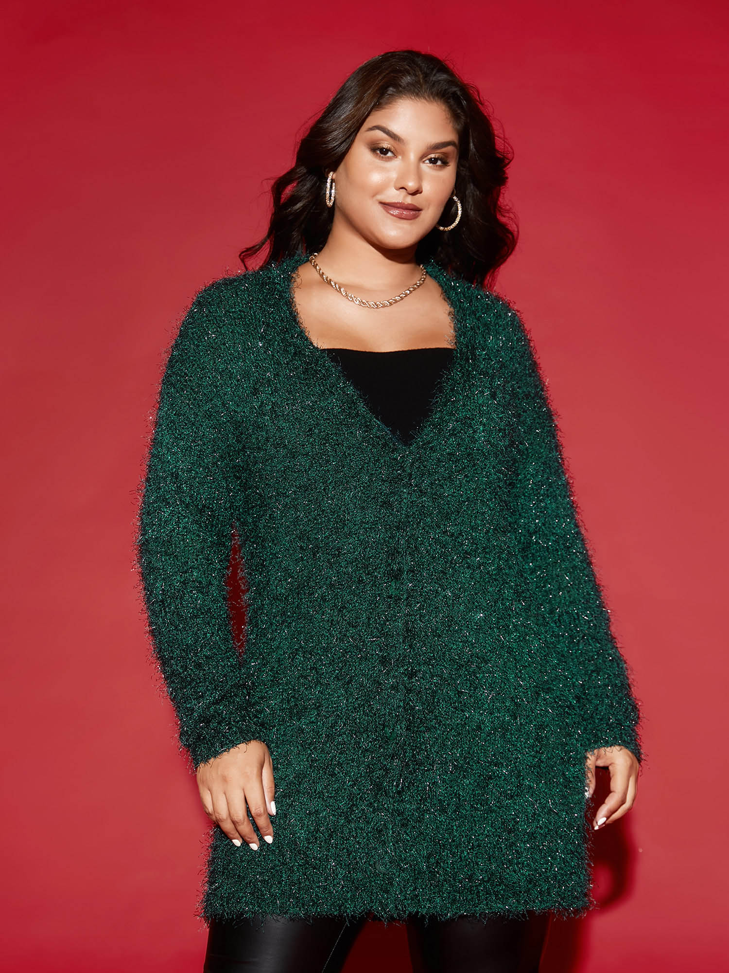 Plus Size Shimmery V-neck Button-Front Cardigan DarkGreen Women Cocktail Loose Long Sleeve Party Cardigans BloomChic 22-24/3X 