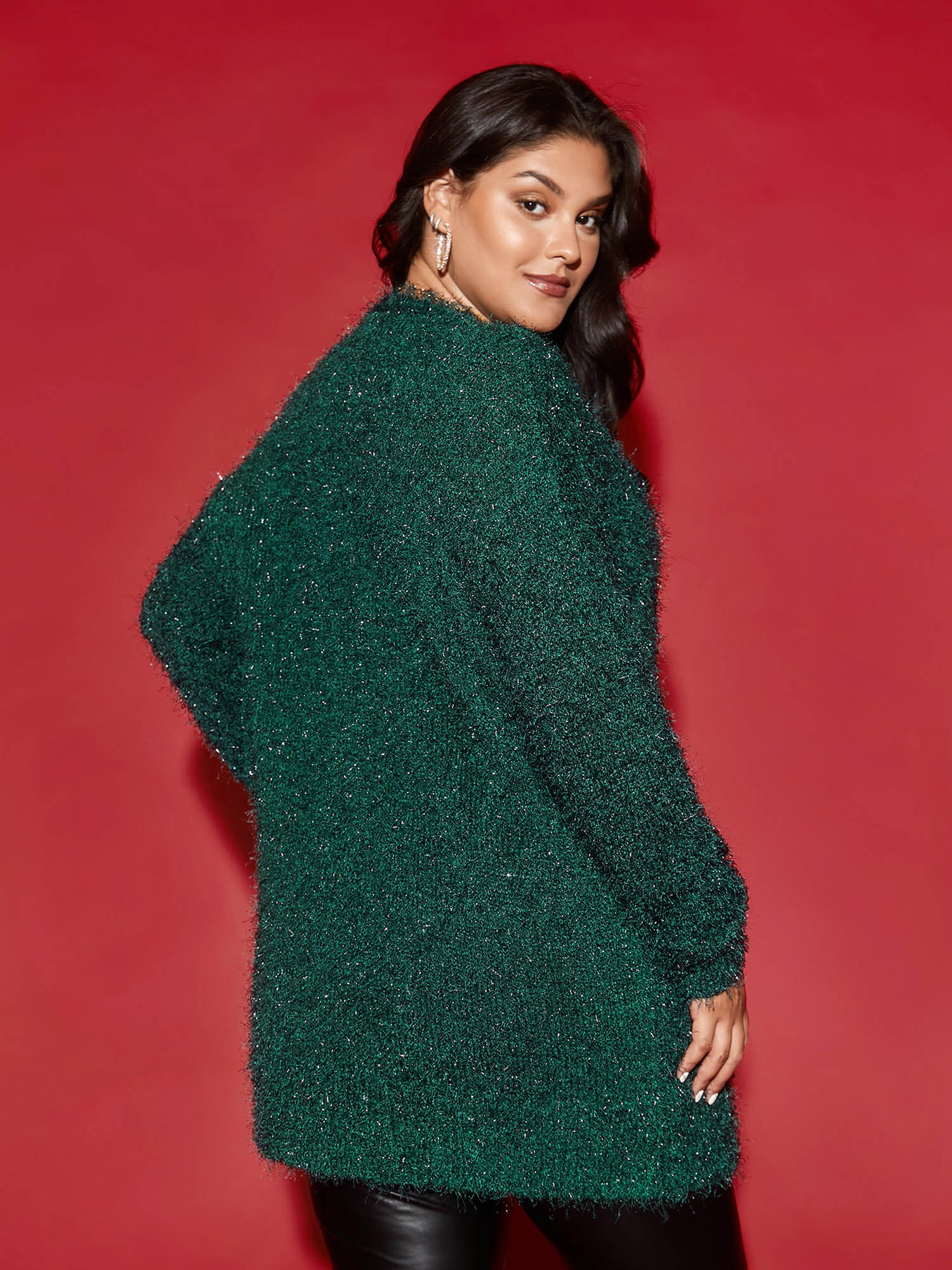 Plus Size Shimmery V-neck Button-Front Cardigan DarkGreen Women Cocktail Loose Long Sleeve Party Cardigans BloomChic 22-24/3X 
