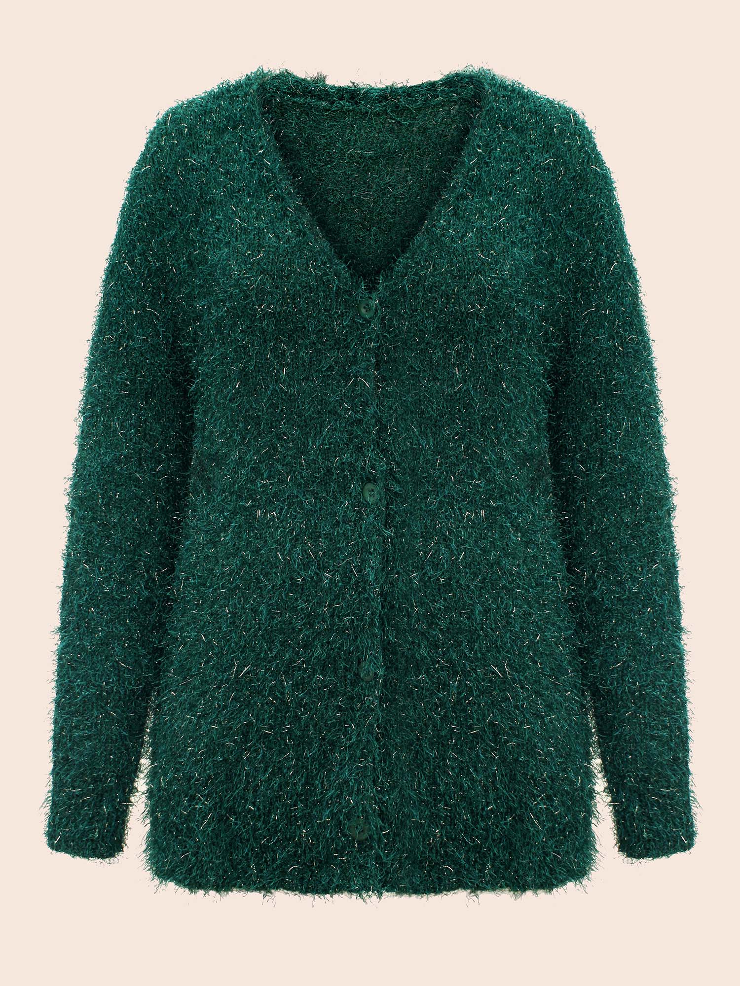 Plus Size Shimmery V-neck Button-Front Cardigan DarkGreen Women Cocktail Loose Long Sleeve Party Cardigans BloomChic 22-24/3X 