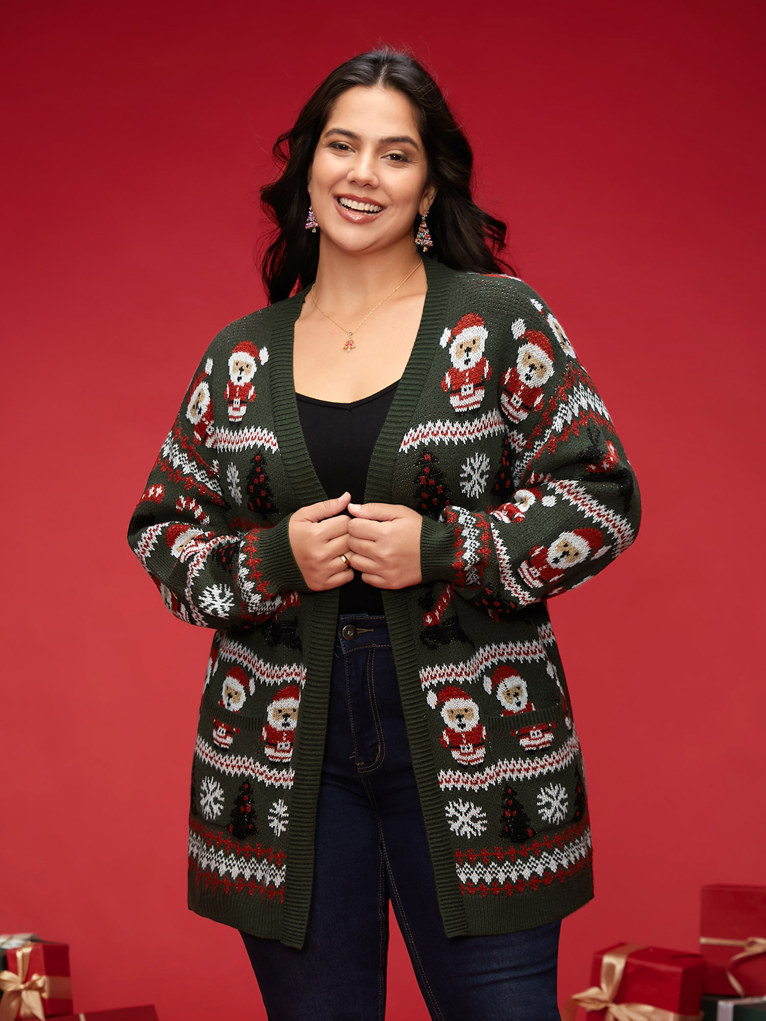 

Plus Size Supersoft Essentials Santa Claus And Cookies Pattern Open Cardigan Moss Women Casual Loose Long Sleeve Everyday Cardigans BloomChic