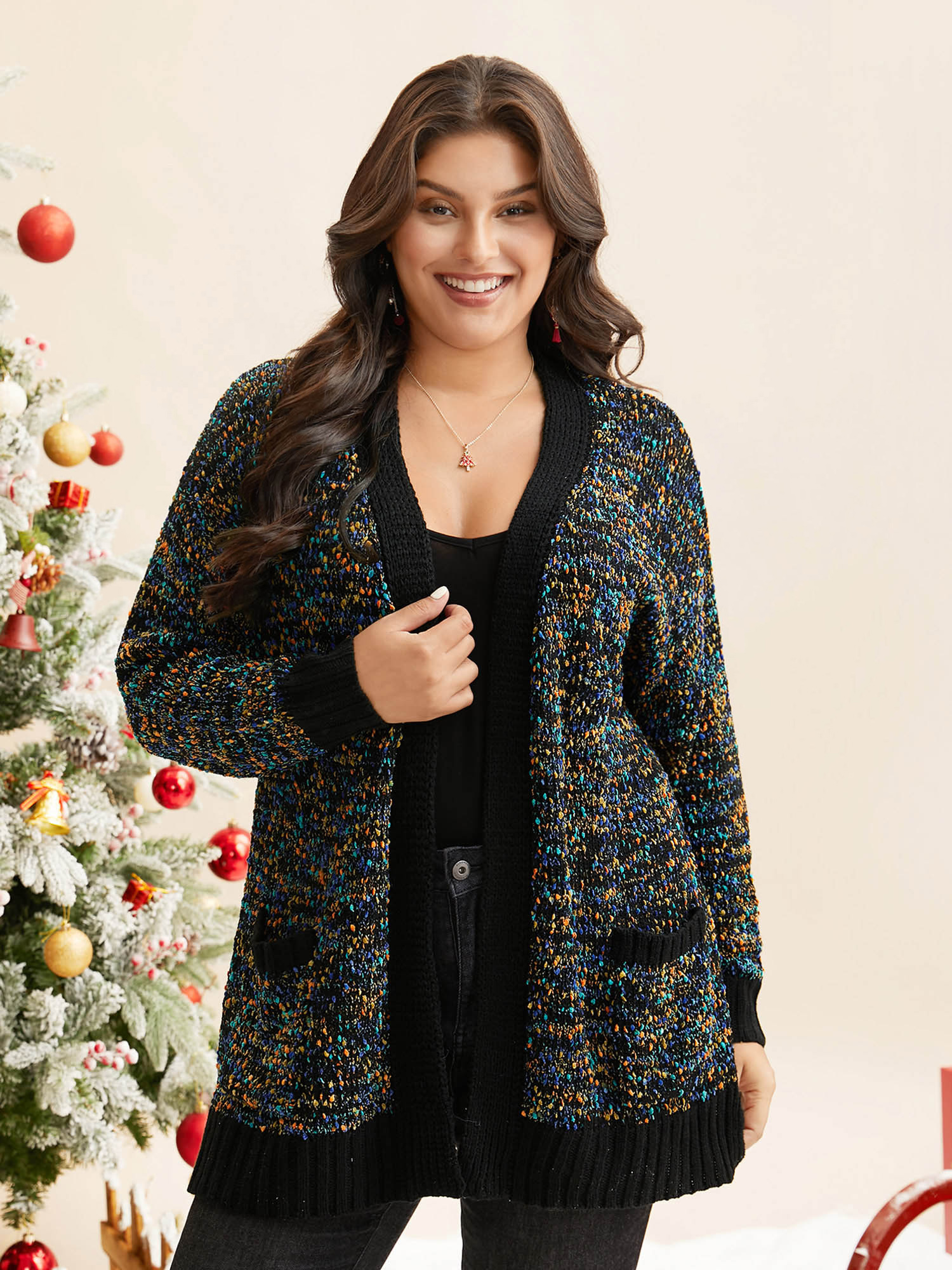 

Plus Size Twinkling Lights Contrast Hem Pockets Cardigan Black Women Casual Loose Long Sleeve Everyday Cardigans BloomChic