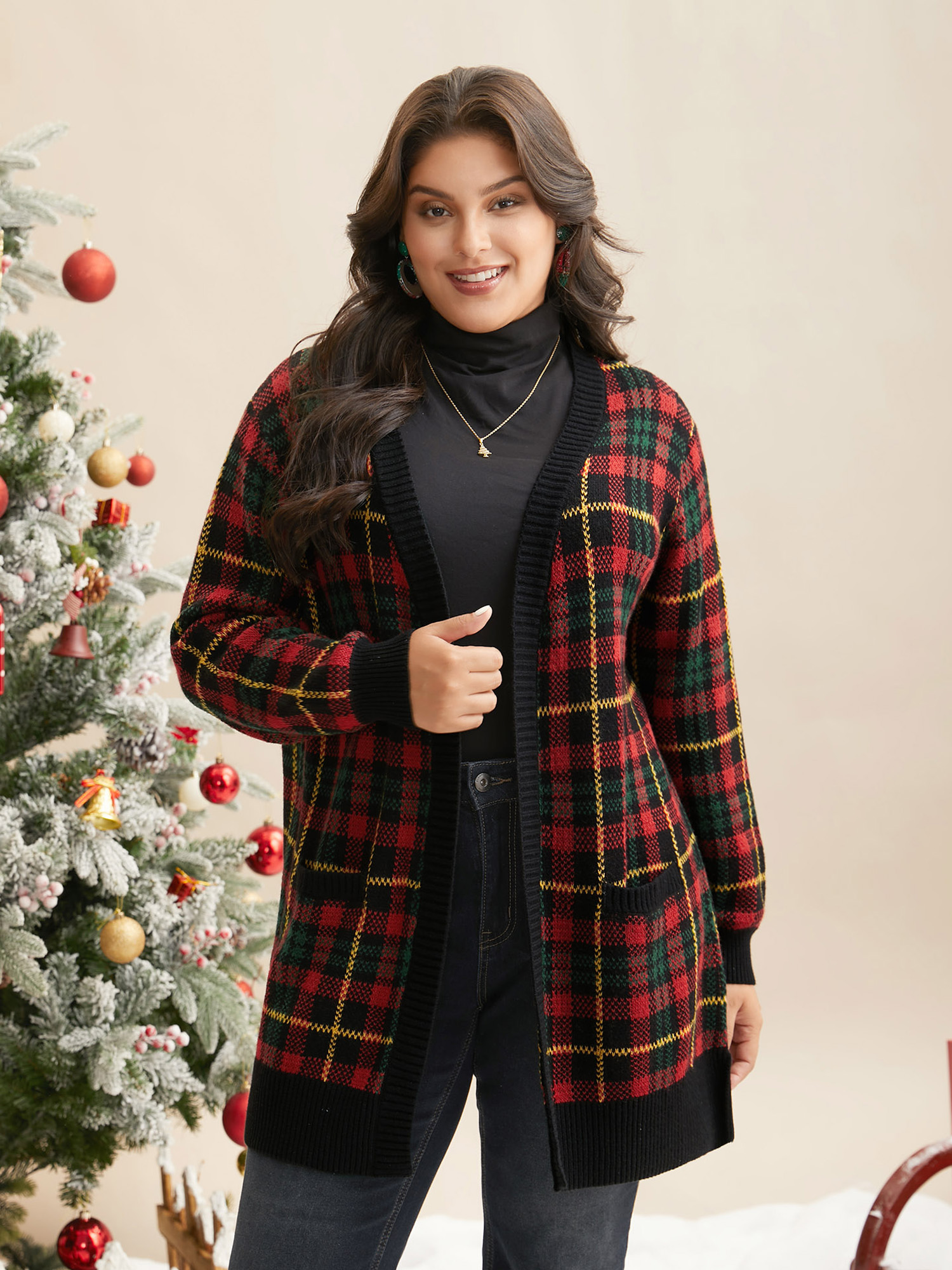 

Plus Size Holiday Plaid V-neck Open Cardigan Black Women Casual Loose Long Sleeve Everyday Cardigans BloomChic