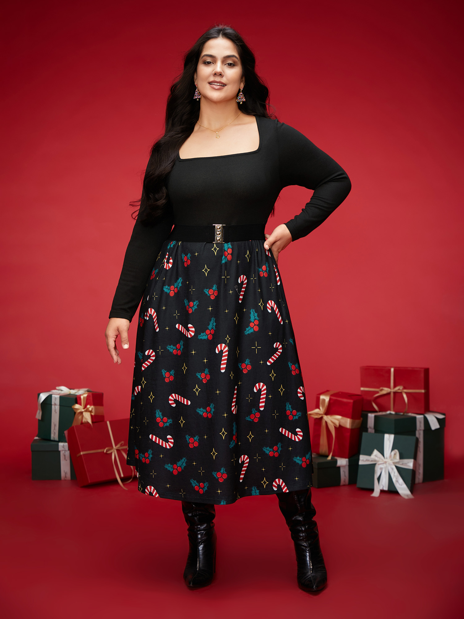 

Plus Size Festive Knit Printed Skirt Midi Dress Black Women Elegant Patchwork Party Curvy Bloomchic