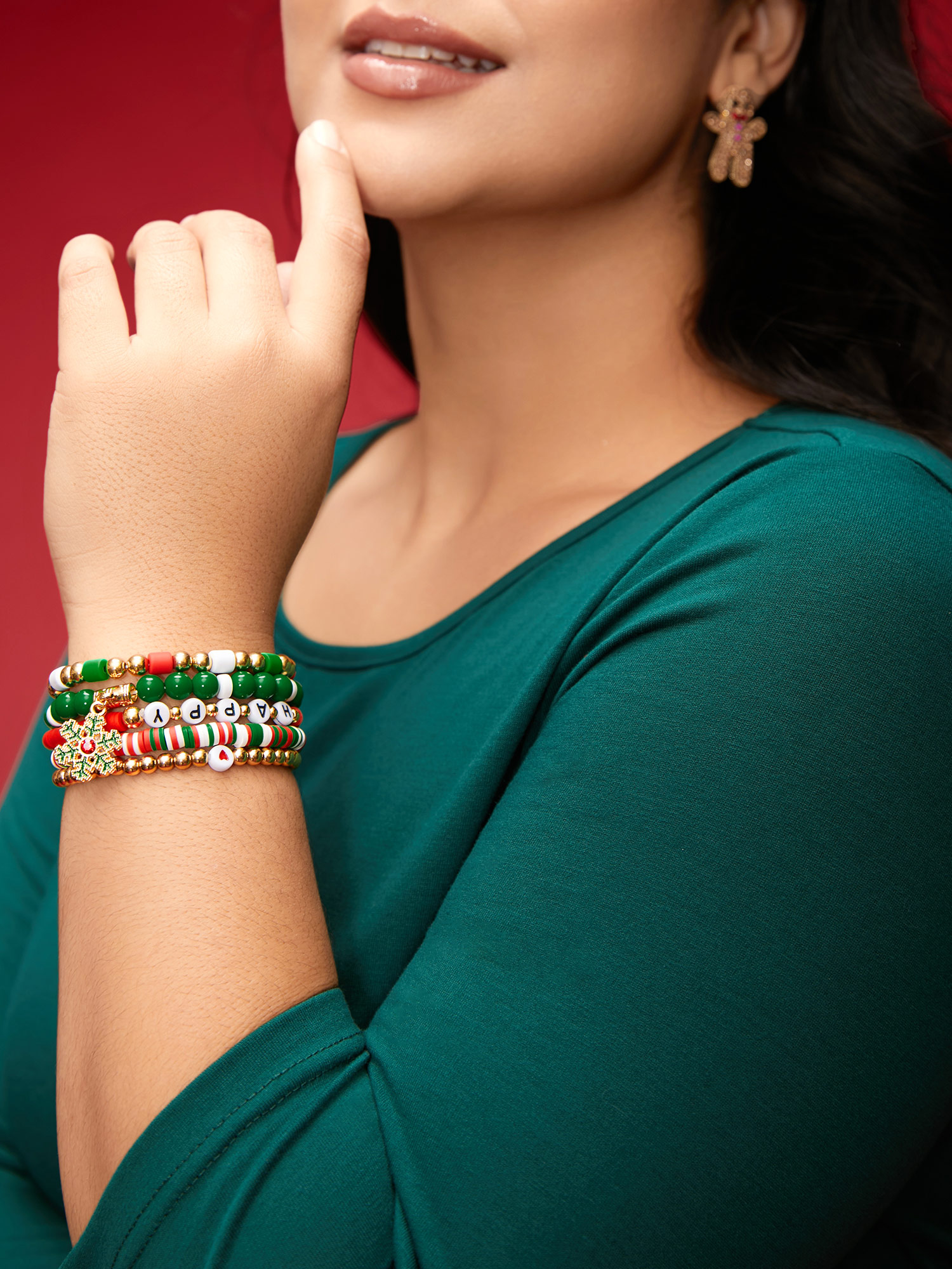 Red-Green Adjustable Snowflake Bracelet Women Party 10-20/M-2X Cocktail Bracelets BloomChic
