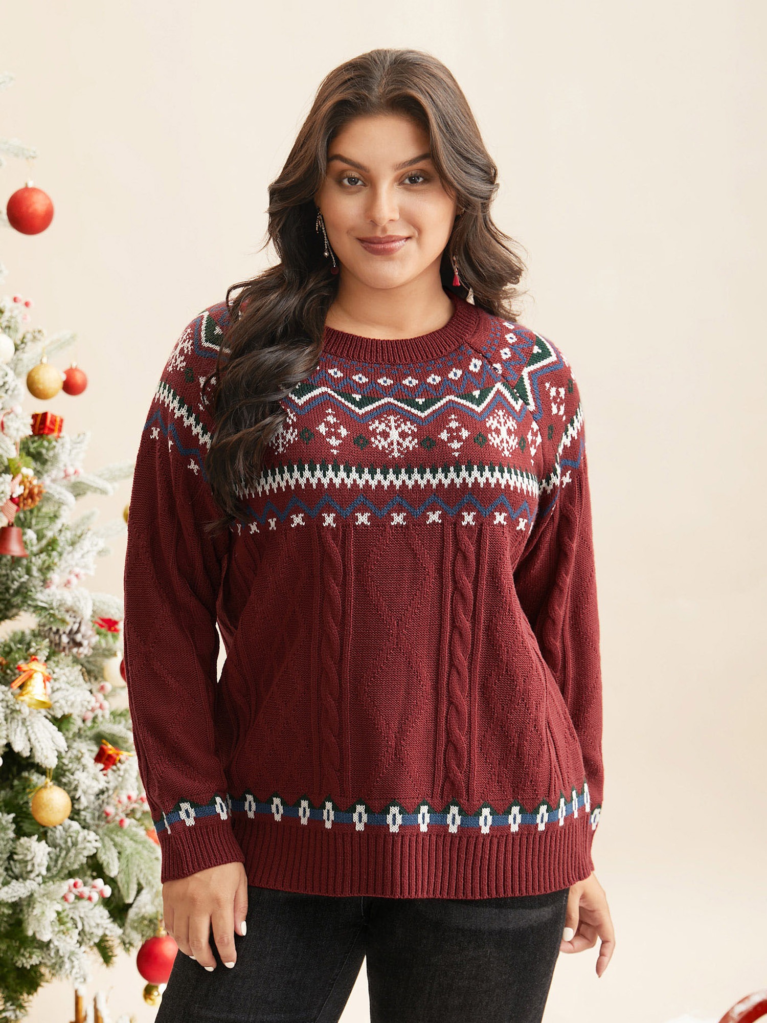 

Plus Size Festive Fair Isle Cable Knit Pullover Deepred Women Casual Loose Long Sleeve Round Neck Everyday Pullovers BloomChic